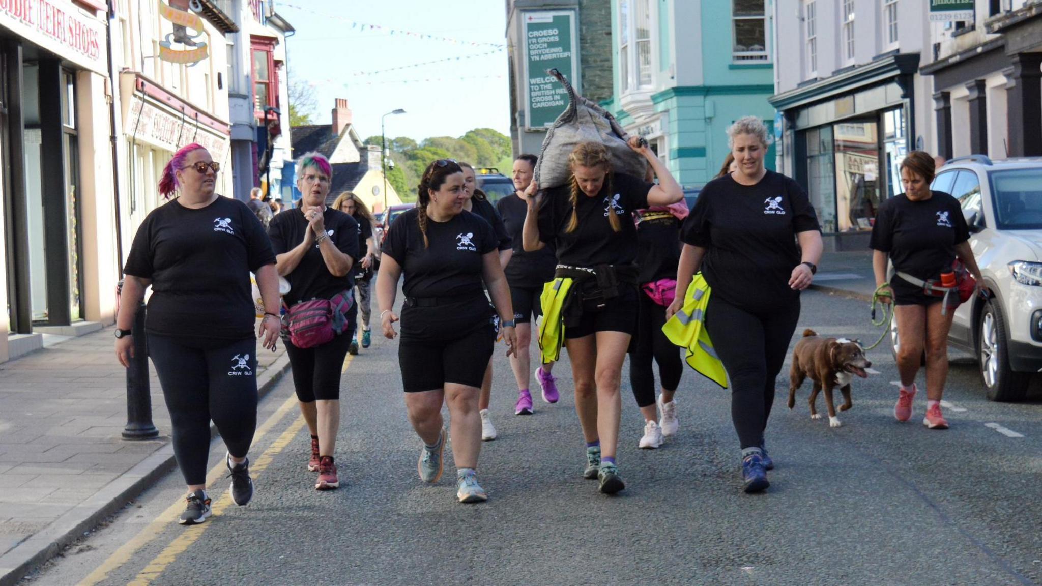 Pen y daith! Llond sach o lo'n cyrraedd stryd fawr Aberteifi