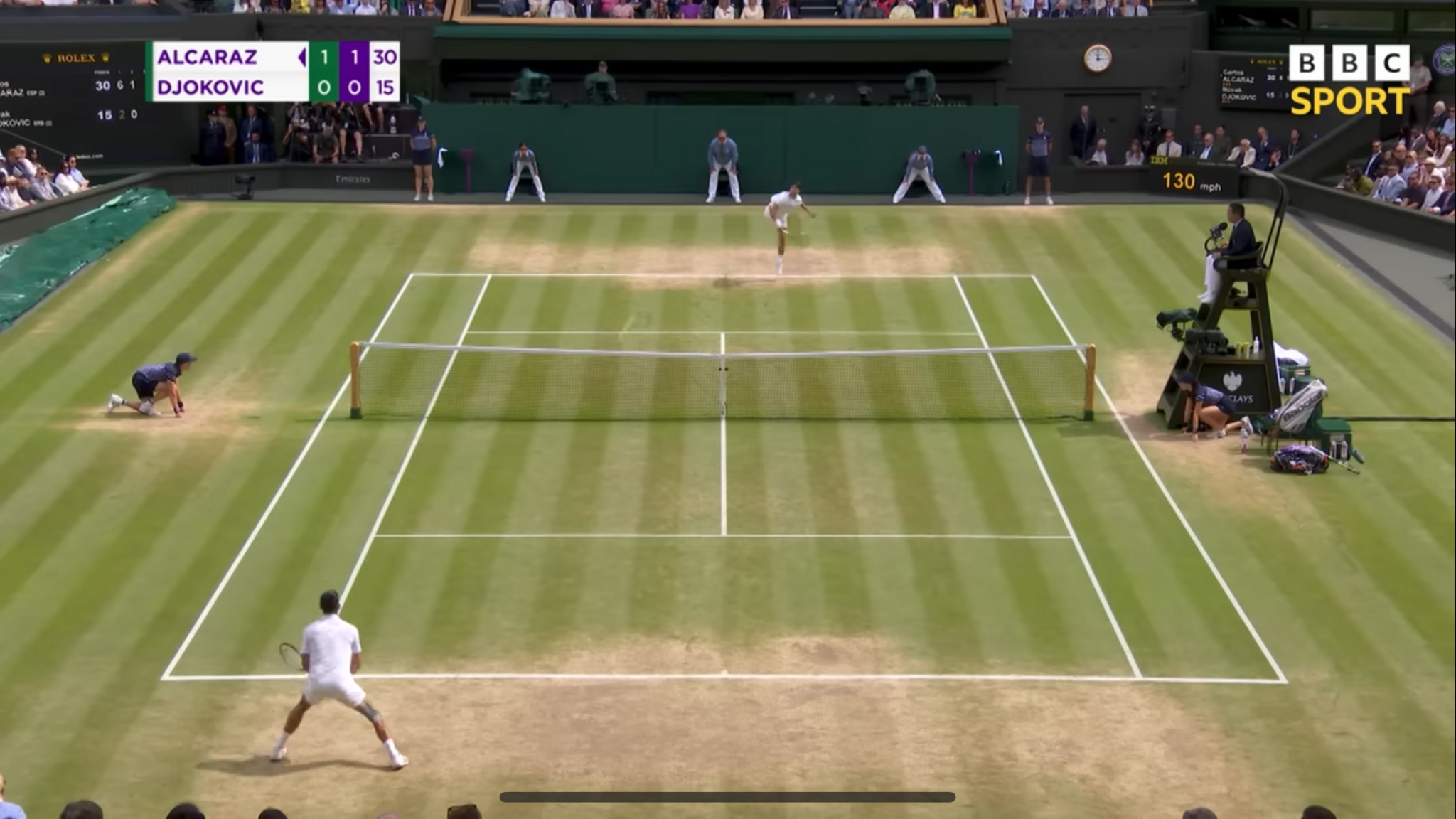 Wimbledon 2024 court shows a significant amount of wear around the baseline