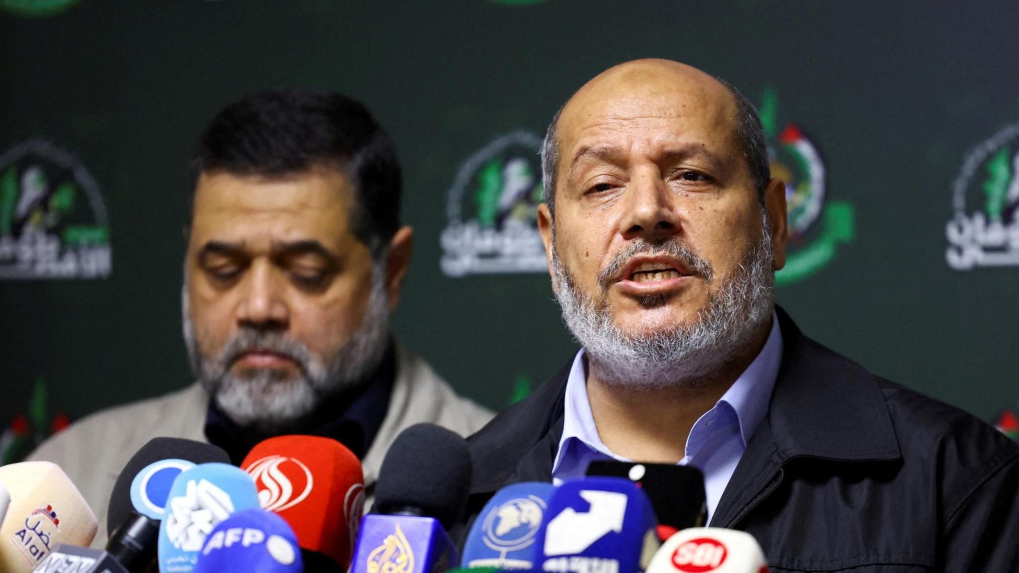 File photo showing Hamas leader Khalil al-Hayya speaking at a news conference in Beirut, Lebanon (21 November 2023)