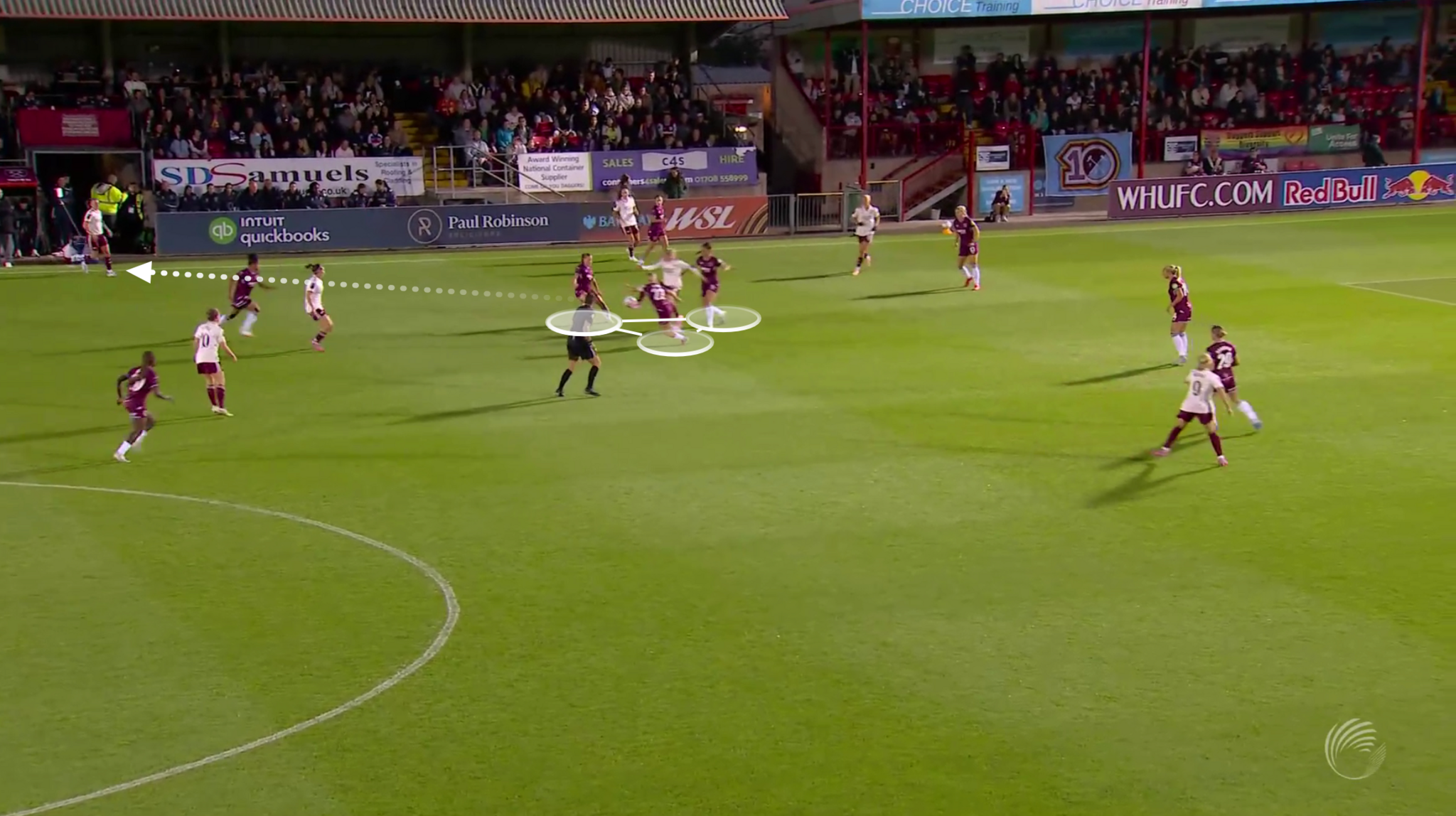 A graphic showing Alessia Russo having three players marking her, but being able to hold on to the ball and pass it to a team-mate