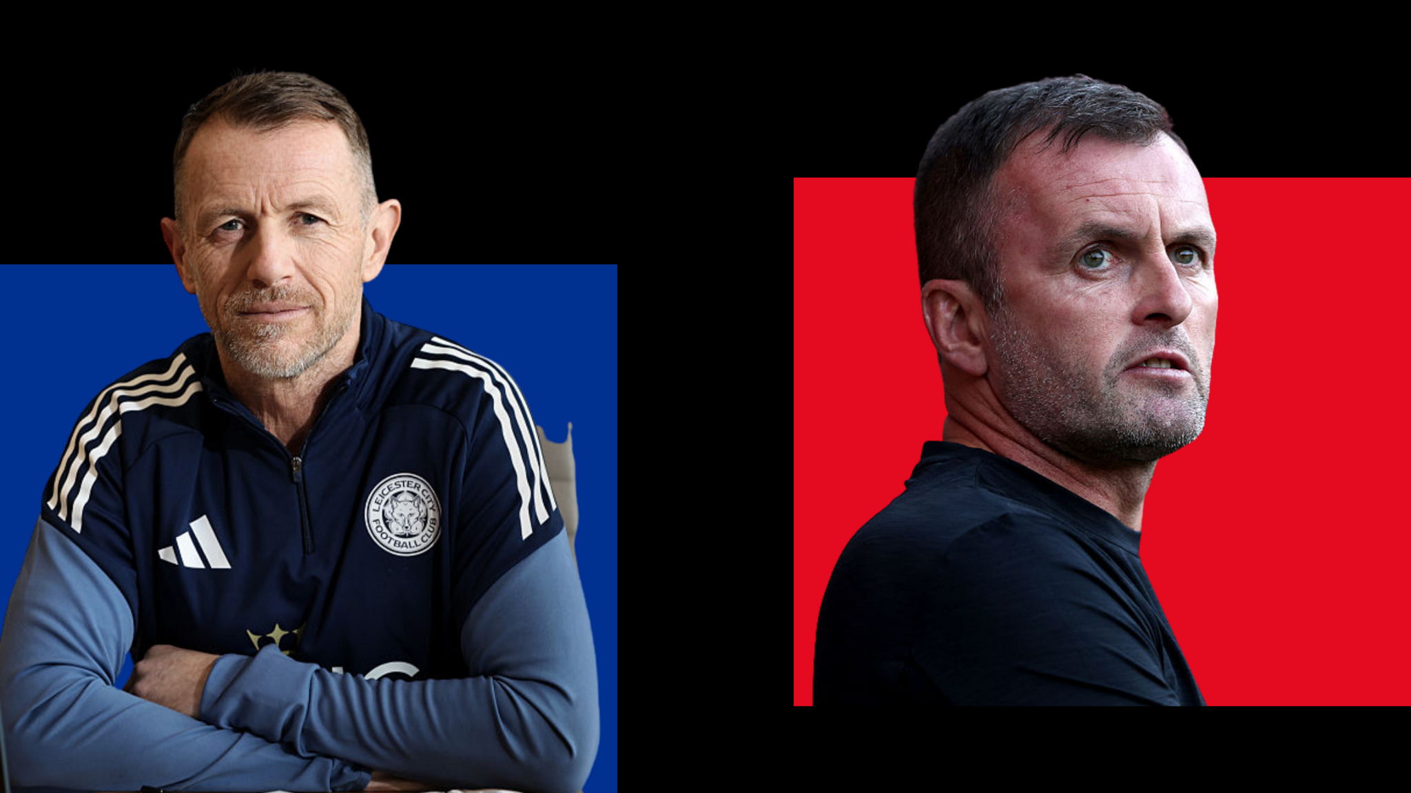 A smiling new Leicester City boss Gary Rowett alongside a photograph of a concerned looking Nathan Jones of Charlton Athletic