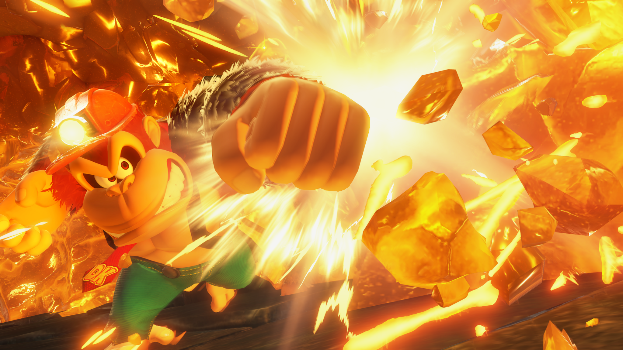 donkey kong wearing green trousers and a red helmet with a torch on it, punching through some molten rock.