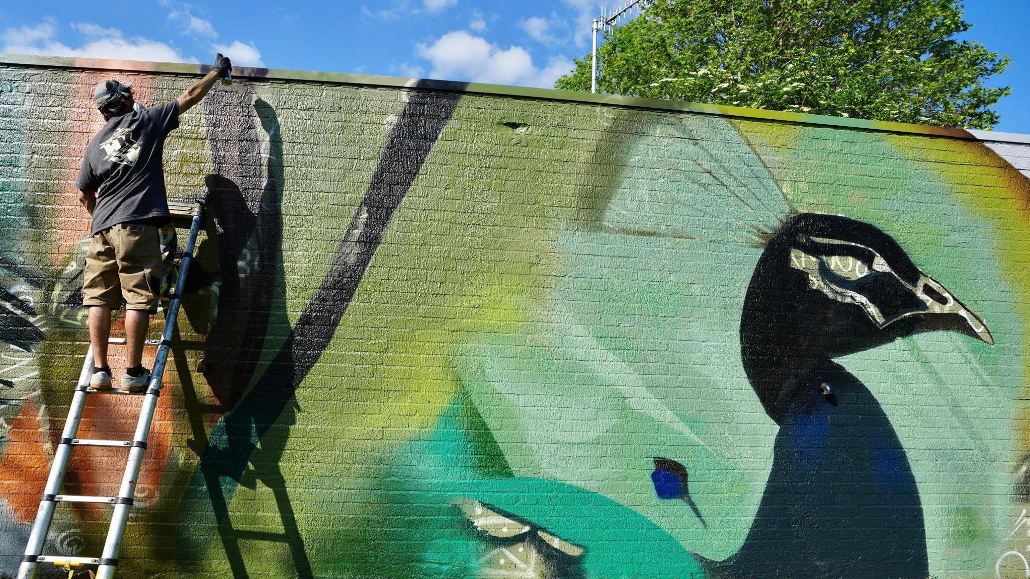 A street artist on a stepladder paints a giant peacock mural on a wall in Bedminster as part of Upfest Presents 2024