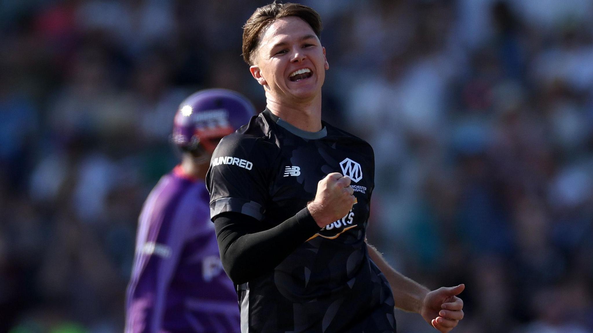 Manchester Originals fast bowler Sonny Baker celebrates taking a wicket