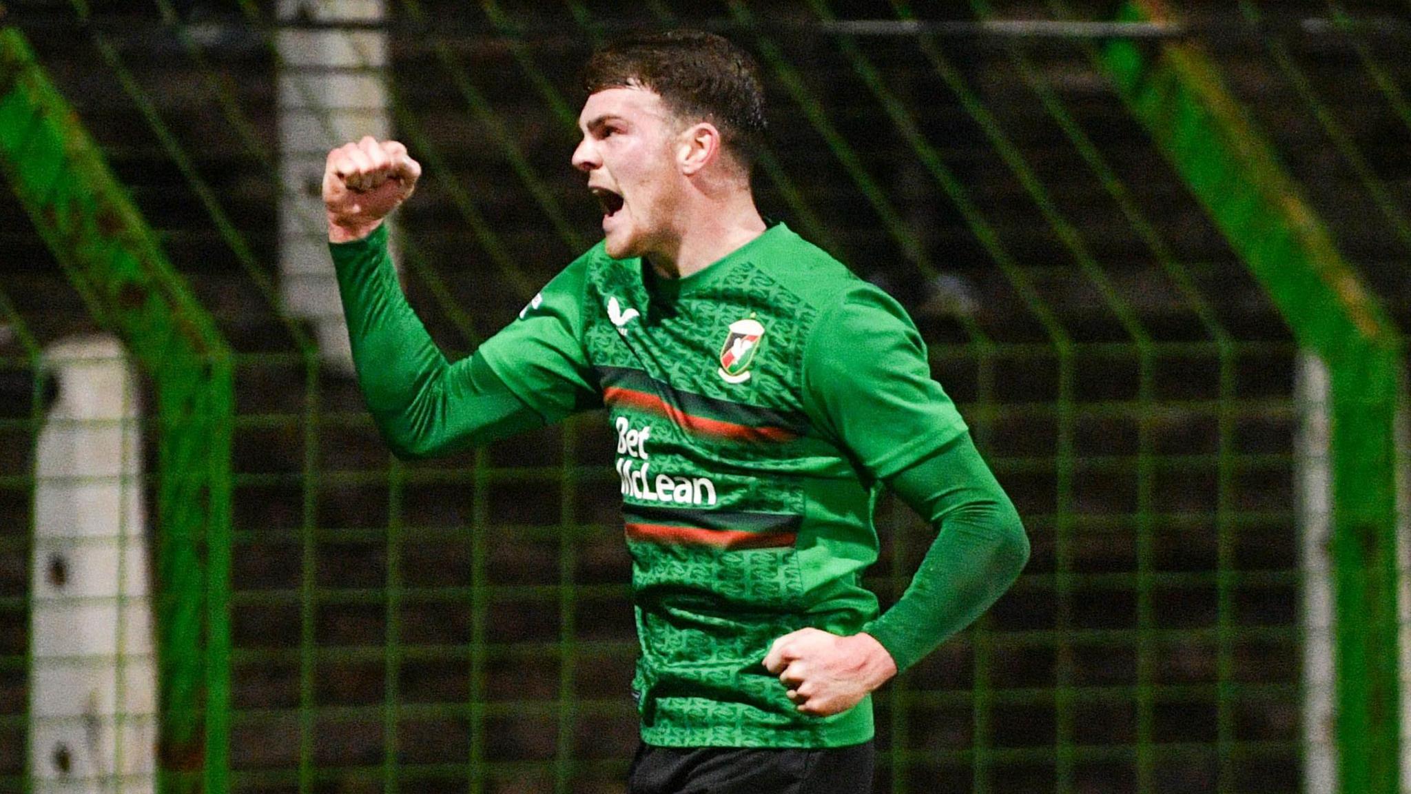 Jordan Jenkins celebrates scoring Glentoran's second goal