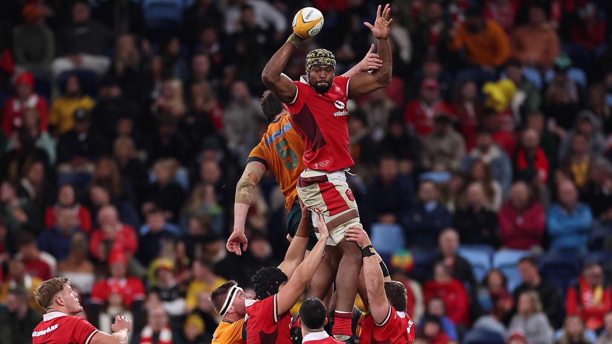 Christ Tshiunza of Wales wins a lineout during the first Test match against Australia in Sydney