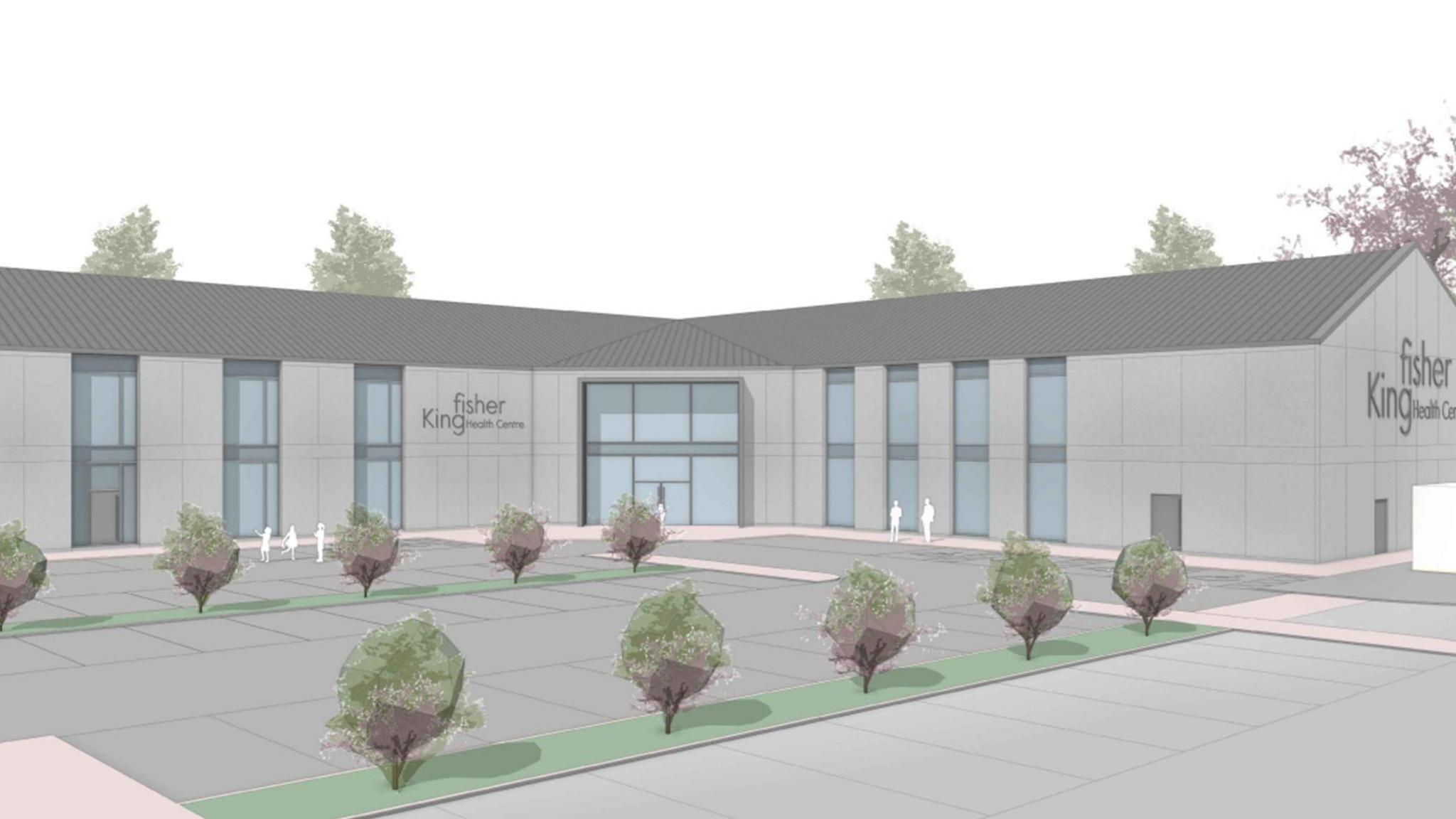 Artist's impressions for the health centre in Bradford. The building has a sign saying "Kingfisher Health Centre" on the side. The two-storey building has large glass windows, with trees to the front and the back of the building. 