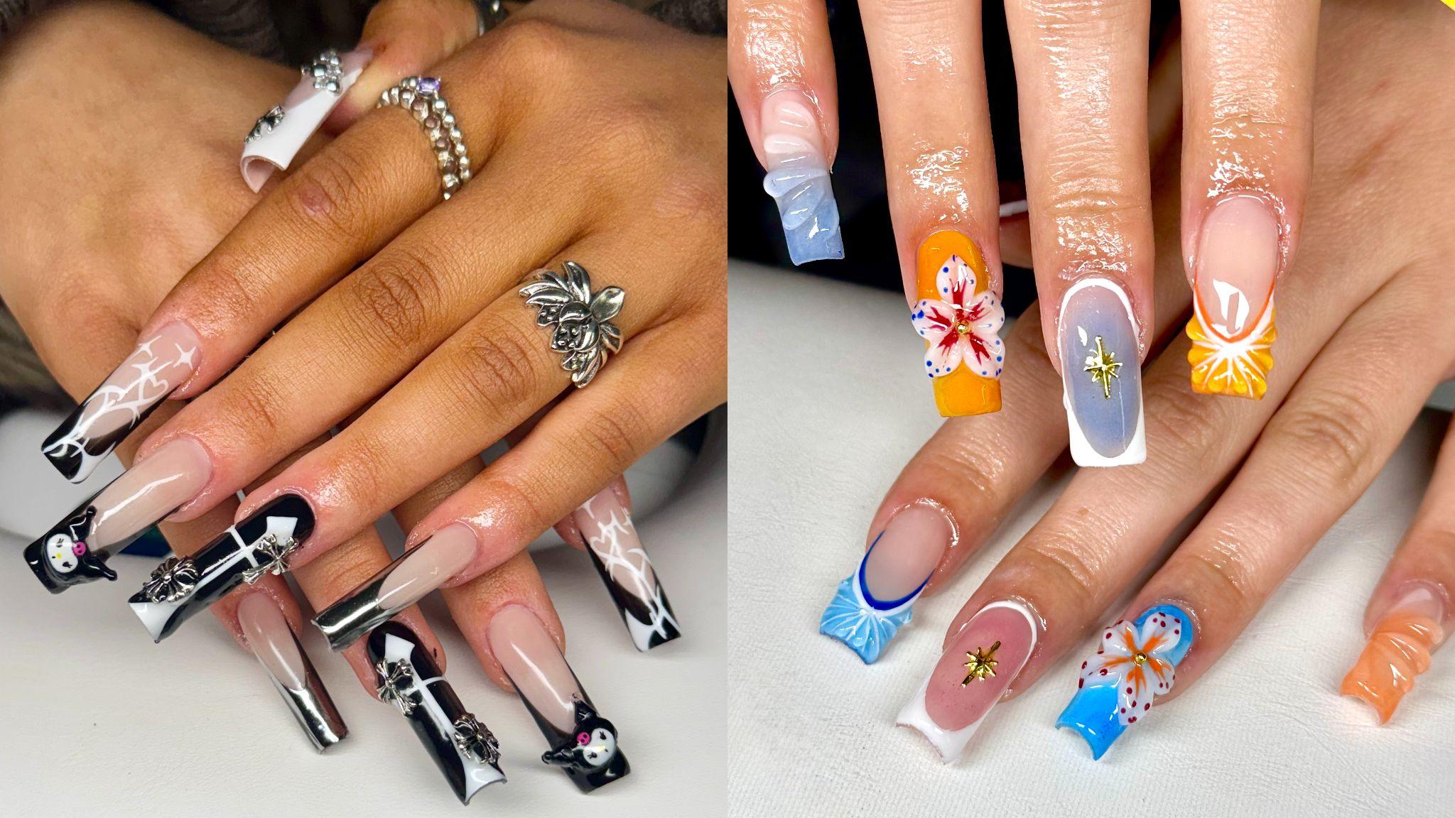 A side by side collage of two different nail photos. The nails on the left have a black and white french nail design, with silver cross charms and the Sanrio character Kuromi. The right nails are a beach theme with orange and blue flowers and shell-like 3D designs.