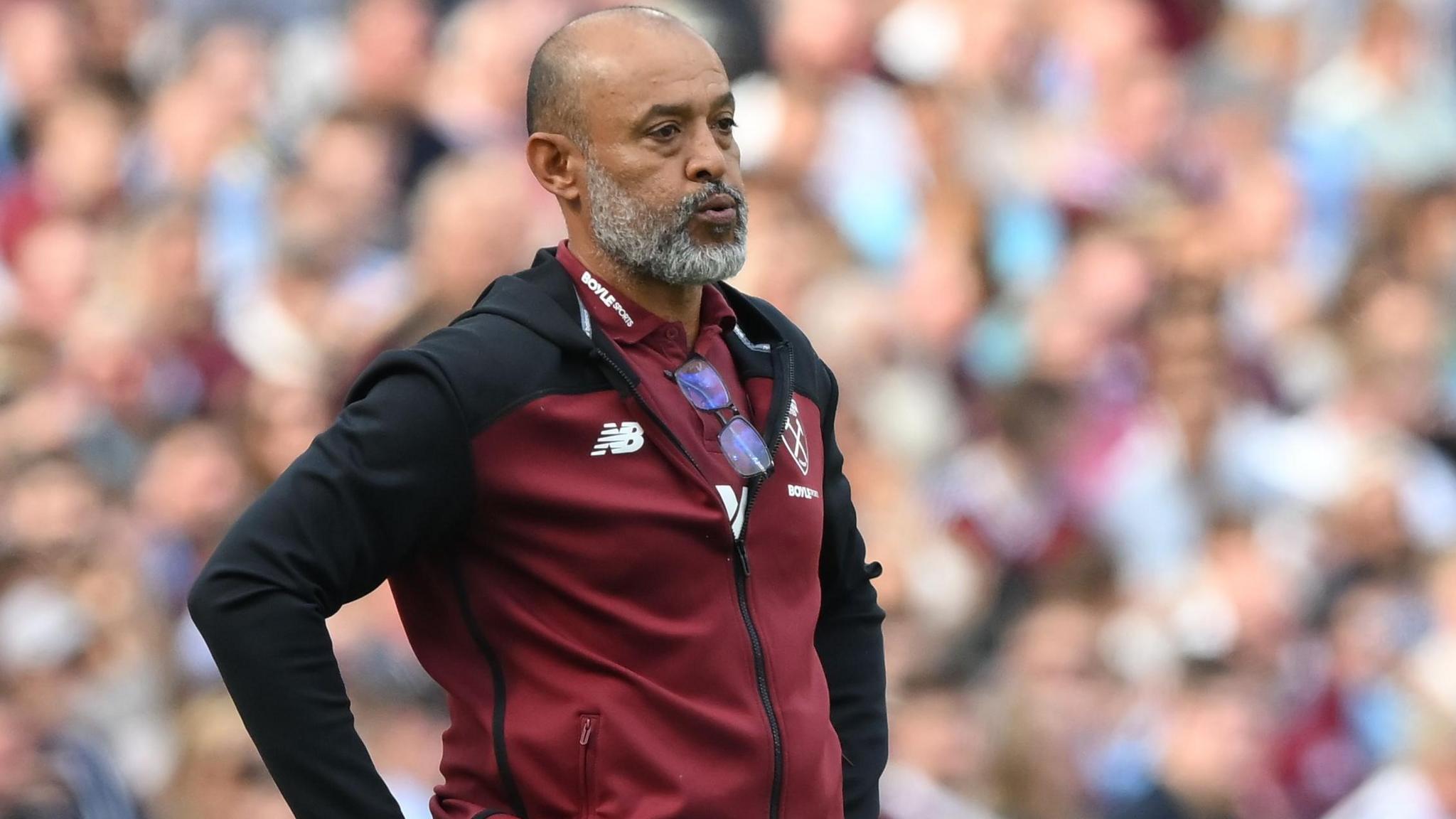Nuno Espirito Santo, head coach of West Ham United, puffs his cheeks