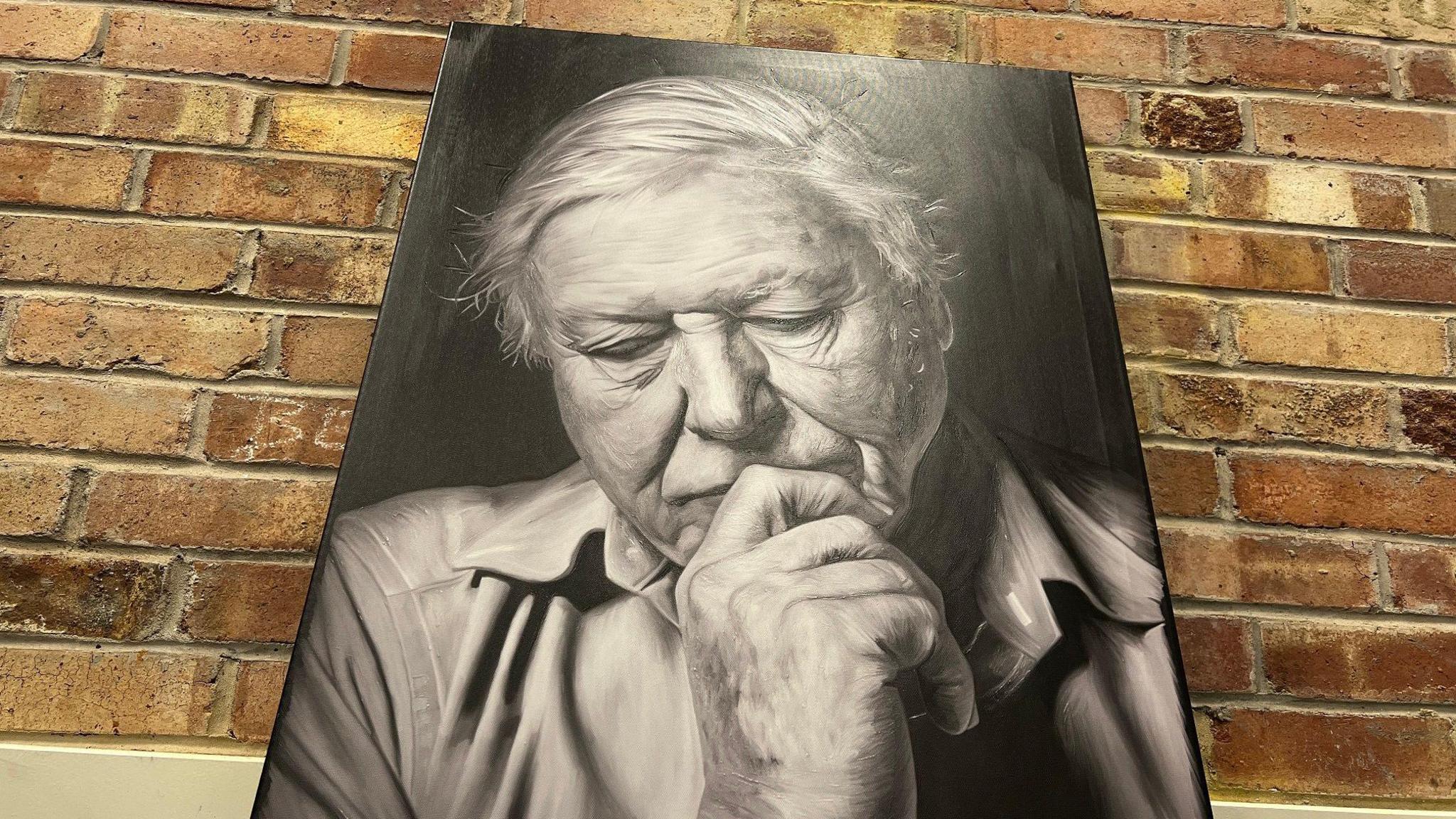 A portrait of Sir David Attenborough, mostly in black and white, leans against a red brick wall