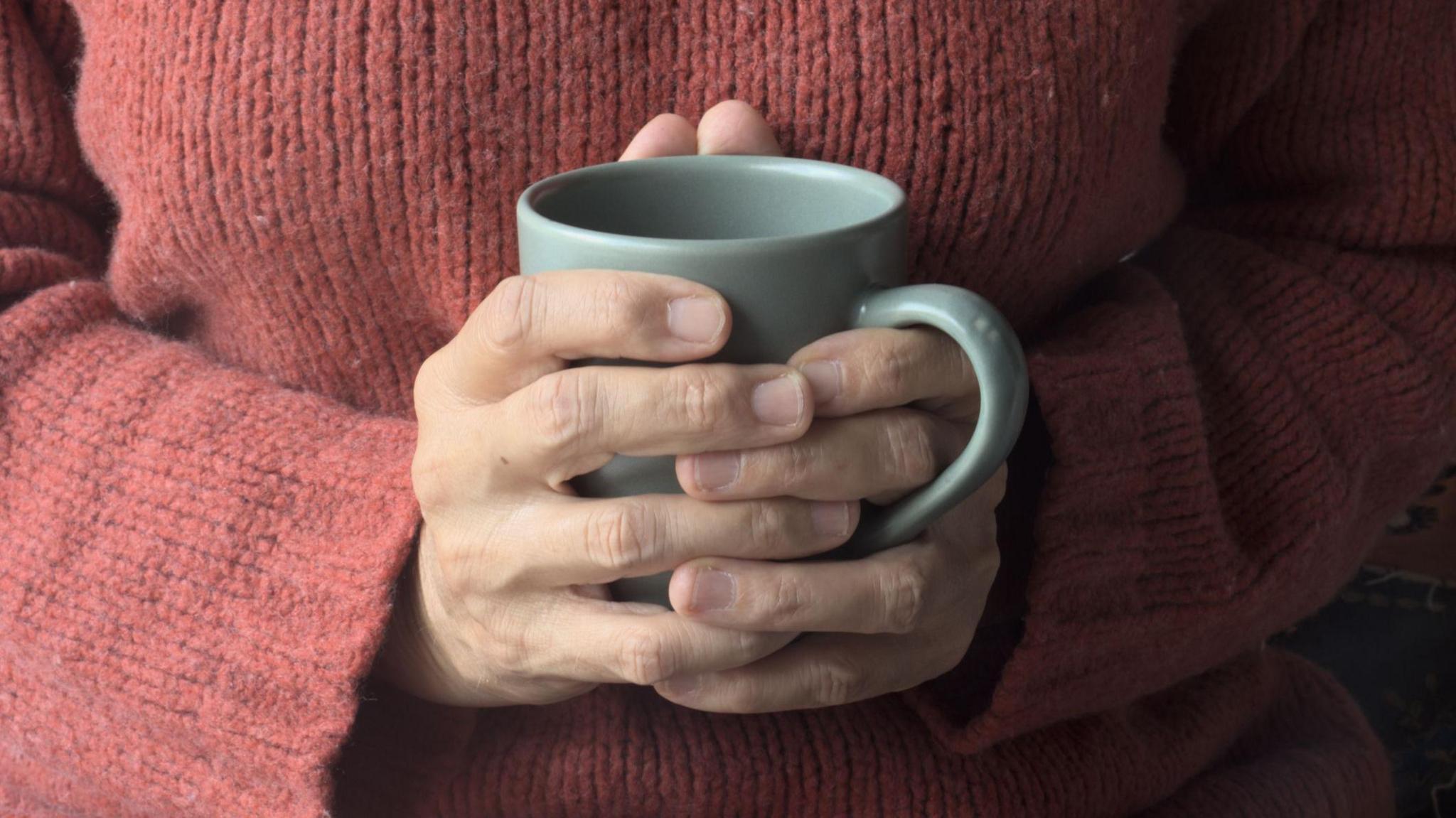 A person holding a cup of tea in a pale blue mug. We can only see their hands and torso, and they are wearing a red woollen jumper.