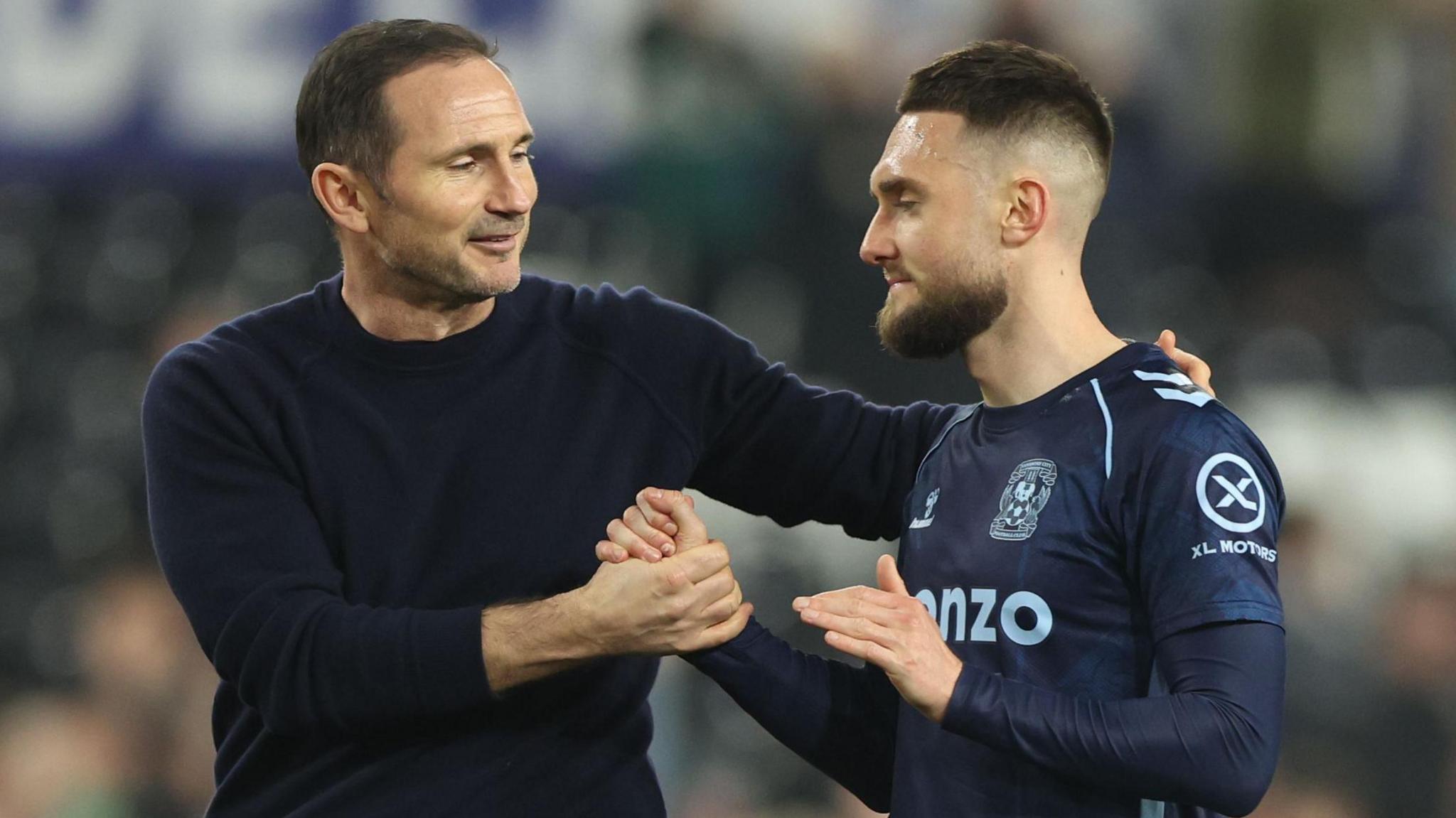 Frank Lampard congratulates Matt Grimes after Coventry's win at Swansea 