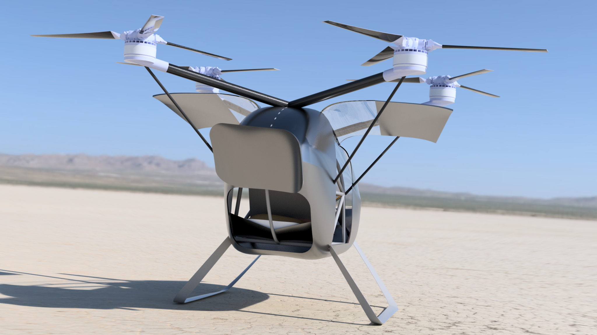 A machine which looks like a helicopter with four separate rotors grounded on an open desert