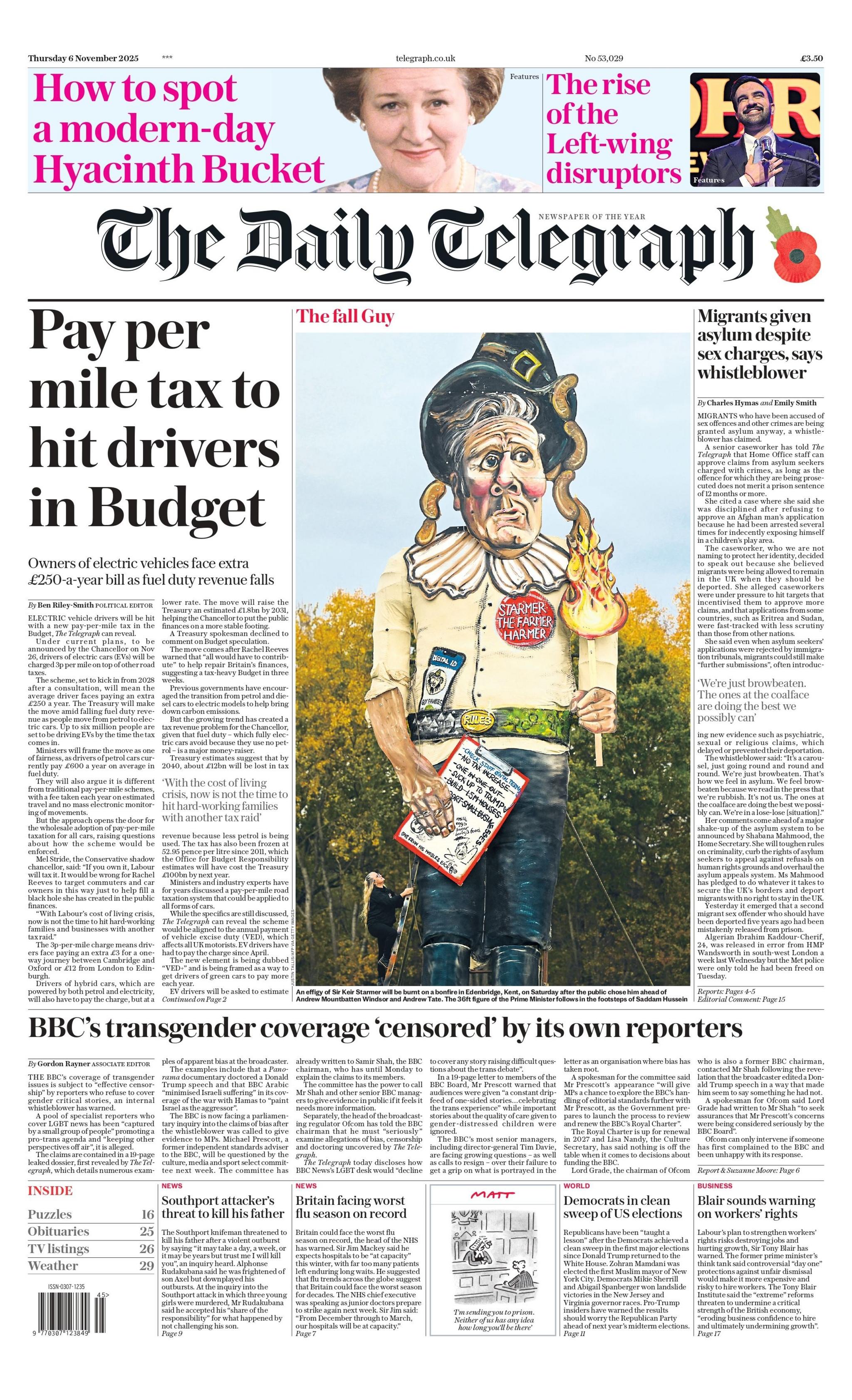 The headline on the front page of the Daily Telegraph reads: "Pay per mile tax to hit drivers in Budget".