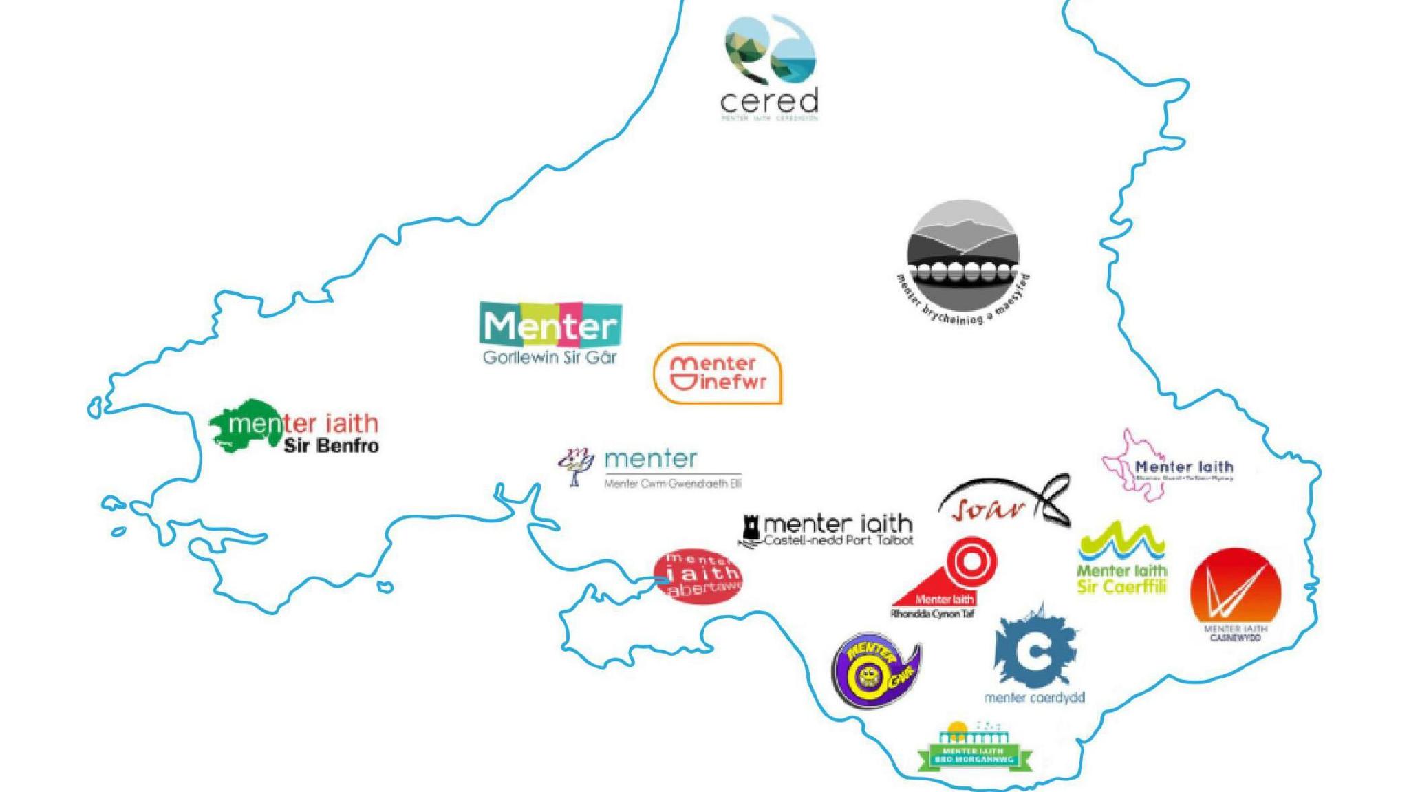 Llun yn dangos map graffeg o dde Cymru, a lleoliadau canghennau amrywiol Mentrau Iaith Cymru.