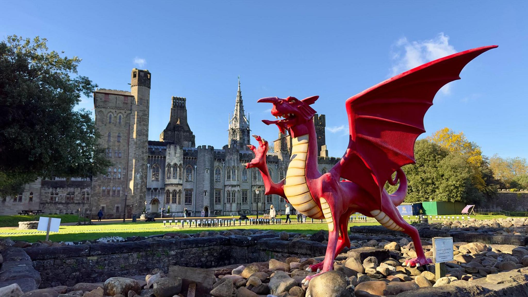 Red dragon in front of the Cardiff Castle.