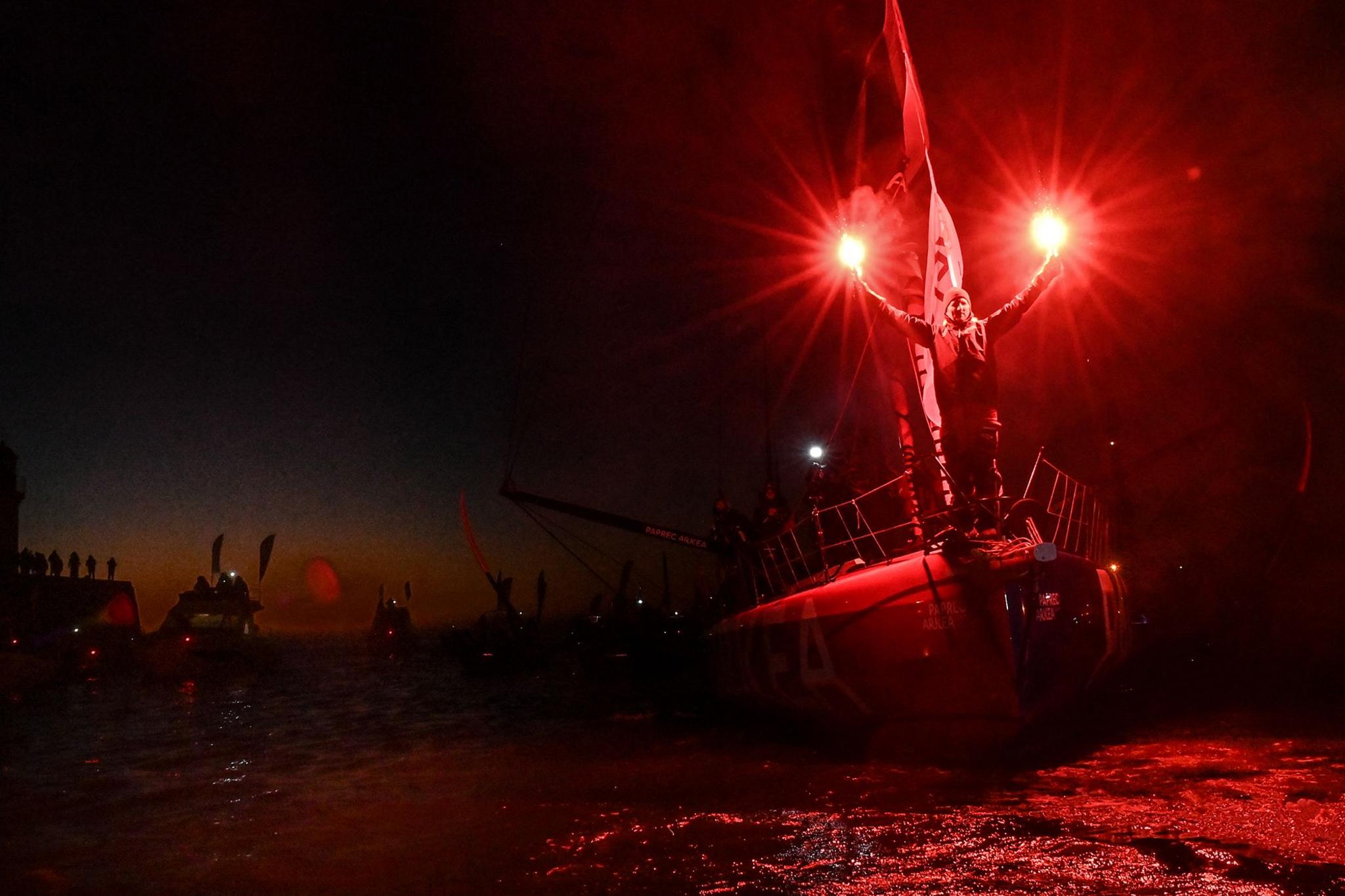 French skipper Yoann Richomme, on his Imoca 60 monohull Paprec Arkea, enters the channel to finish in second place in the 10th edition of the Vendee Globe around the world monohull solo sailing race in Les Sables-d'Olonne, western France