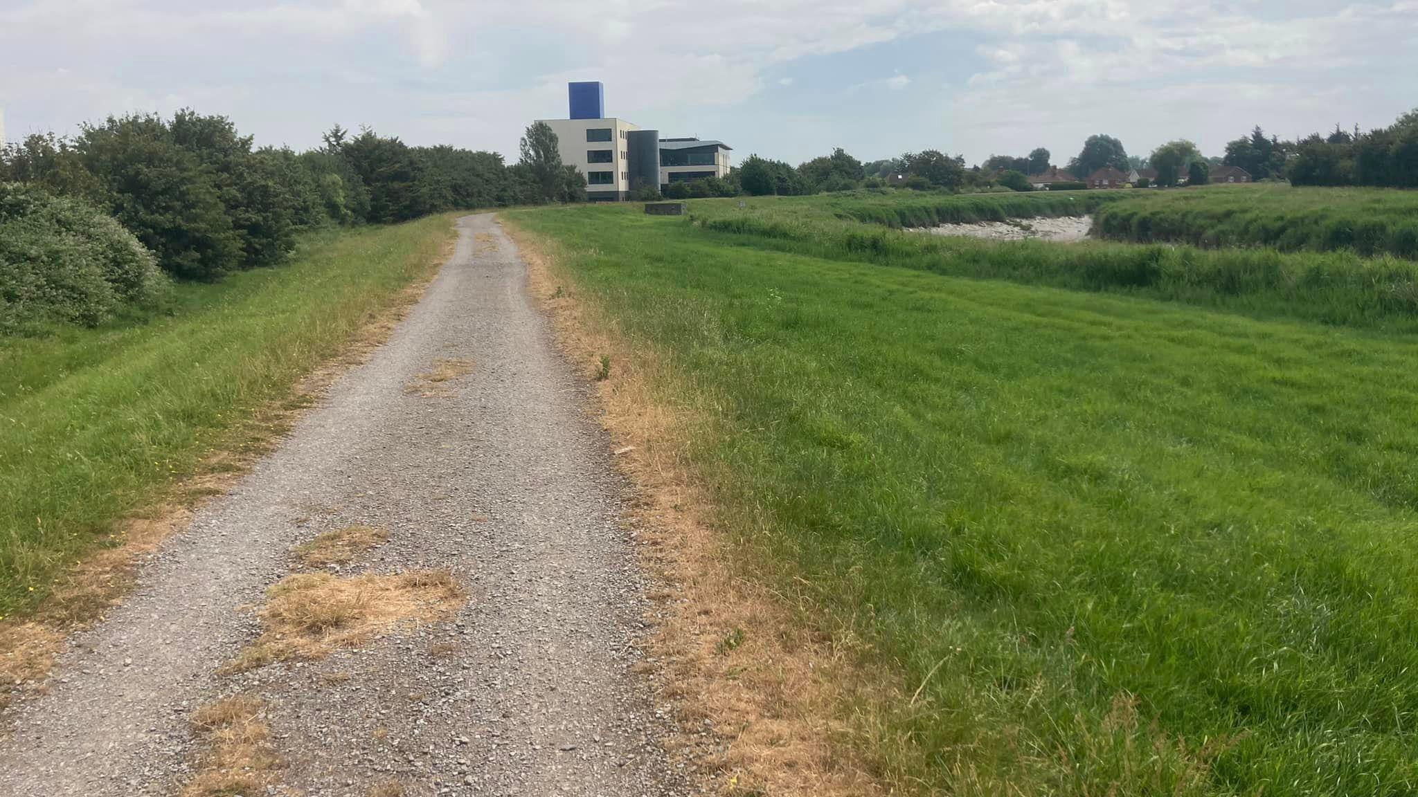 A cycle path stretching into the distance towards woodland and buildings