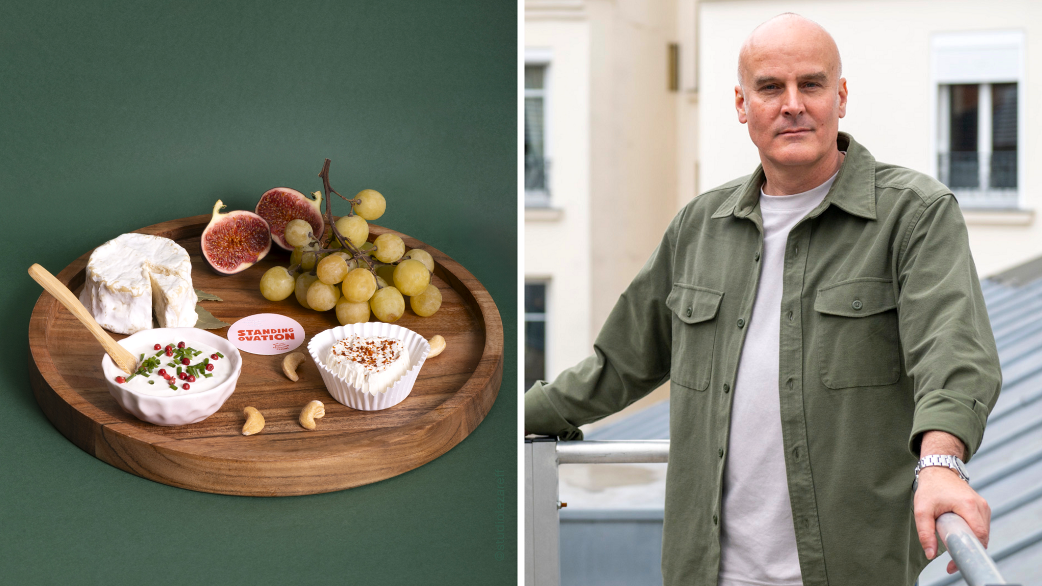 A selection of Standing Ovation's cheeses on a cheese board with figs and grapes (left) and (right) Yvan Chardonnens standing on a rooftop wearing a dark green shirt over a white t-shirt.