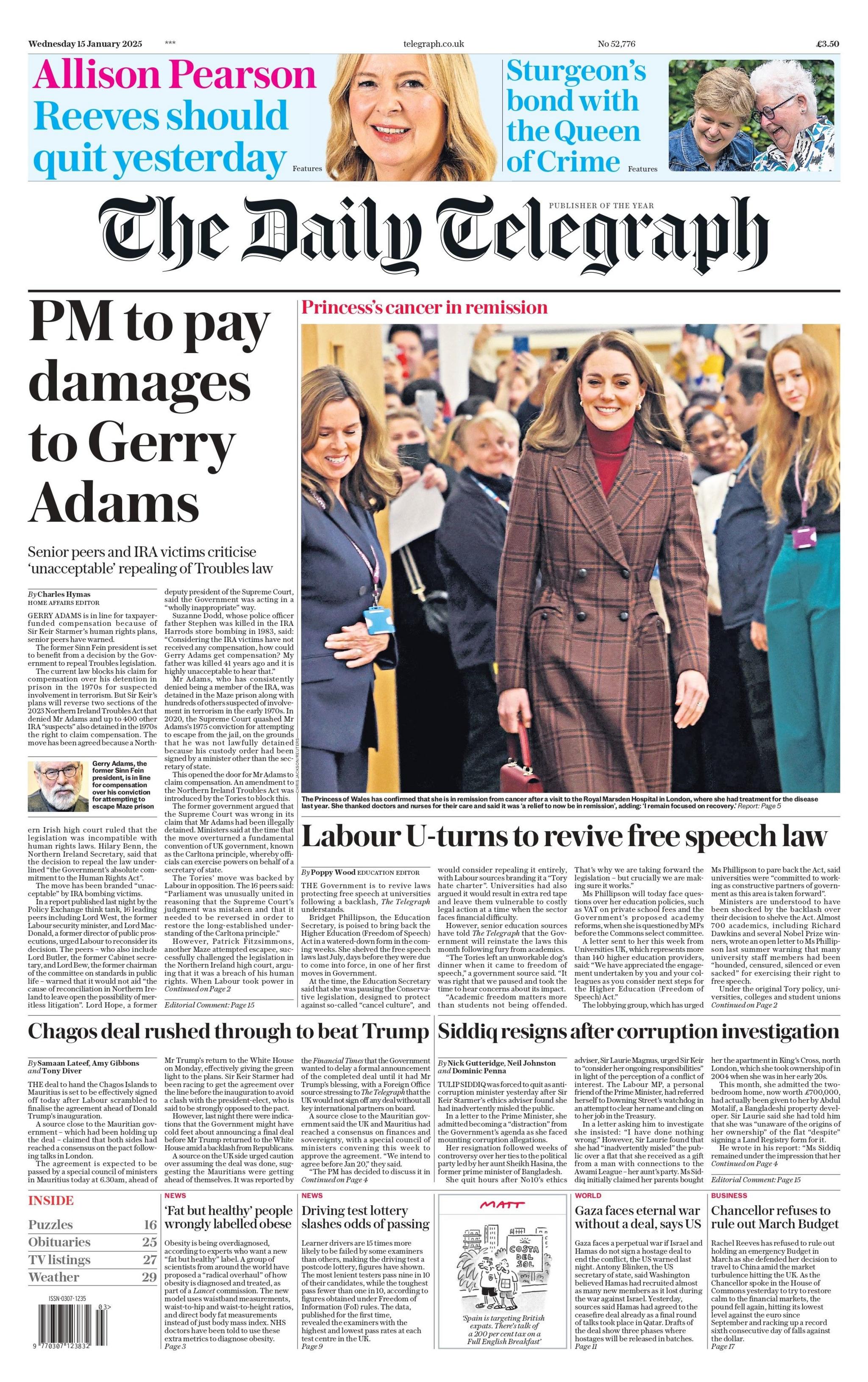 The headline on the front page of the Daily Telegraph reads: 'PM to pay damages to Gerry Adams'