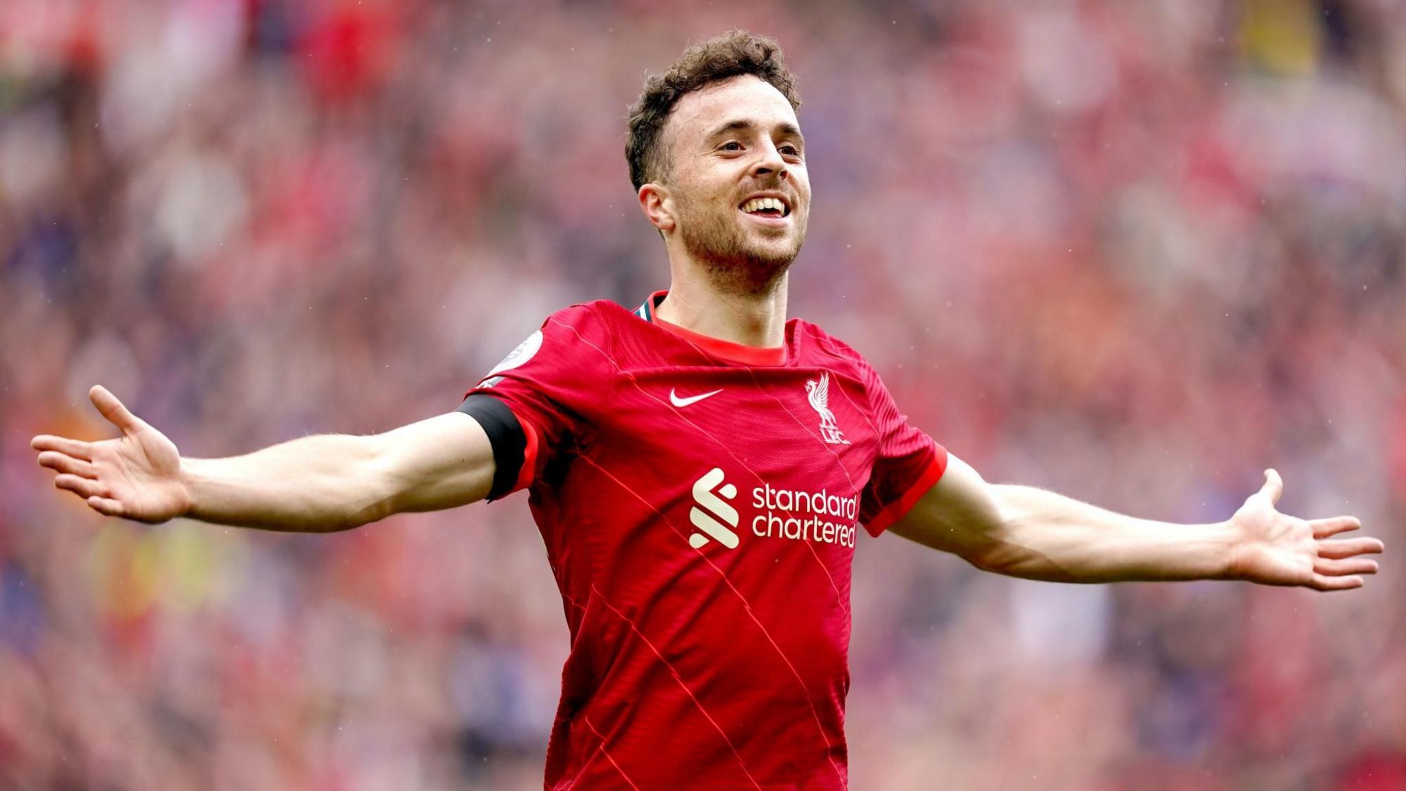 File photo dated 21/08/21 of Diogo Jota celebrating a goal at Anfield