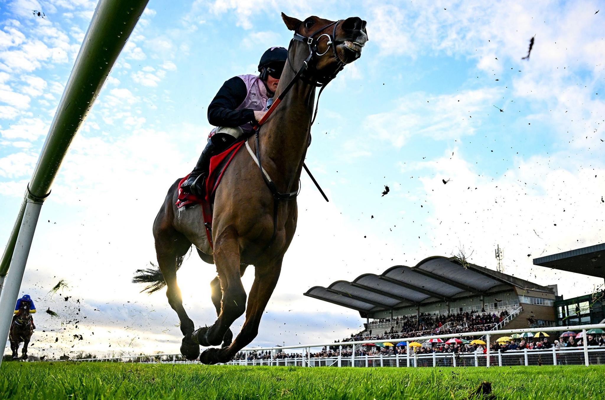 Teahupoo, with Sam Ewing on board, during the Bar One Racing Hatton's Grace Hurdle on day two of the Fairyhouse Winter Festival at Fairyhouse Racecourse in Meath.