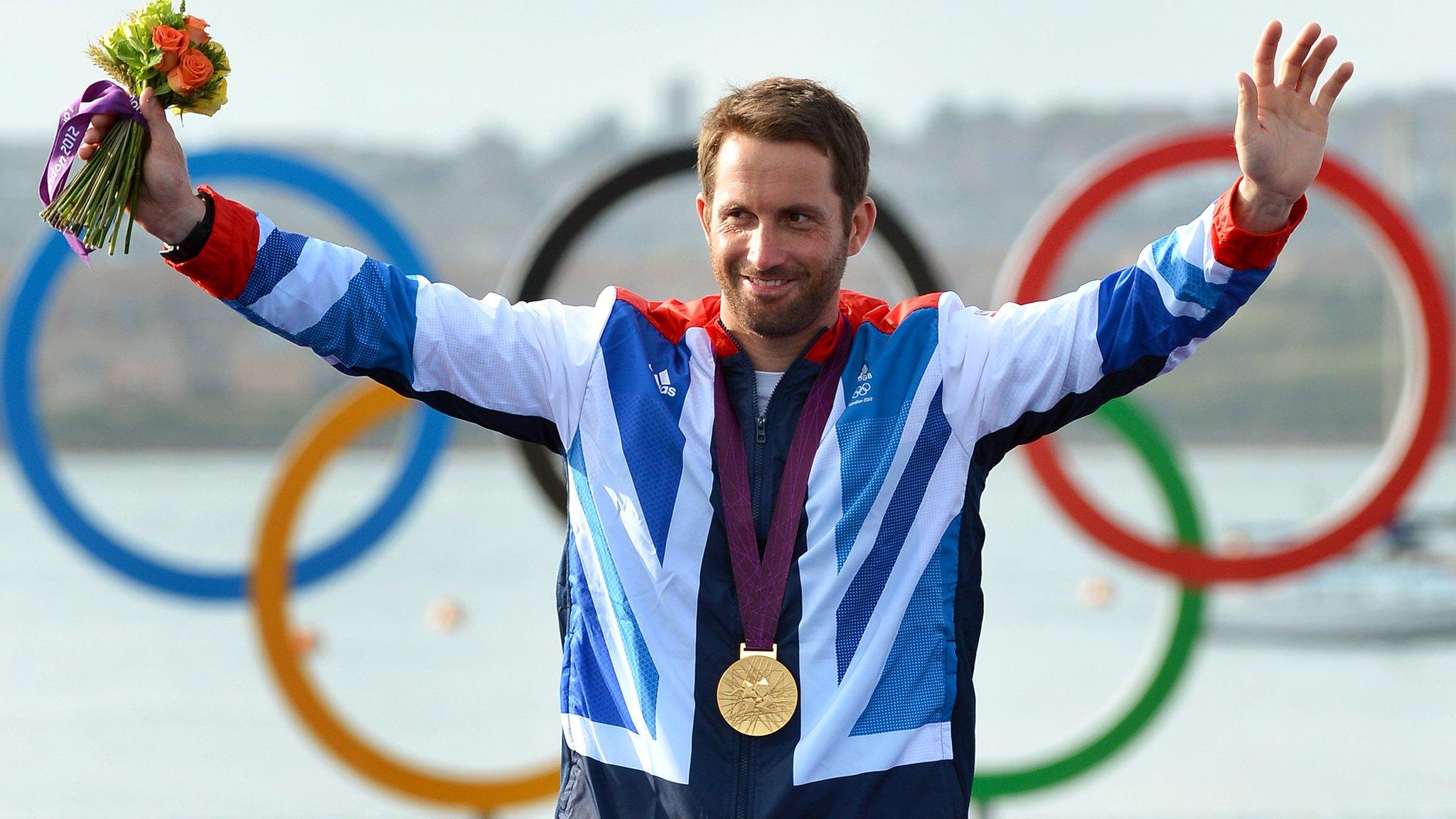 Ben Ainslie celebrates after winning gold in the Finn class sailing at the London 2012 Olympic Games