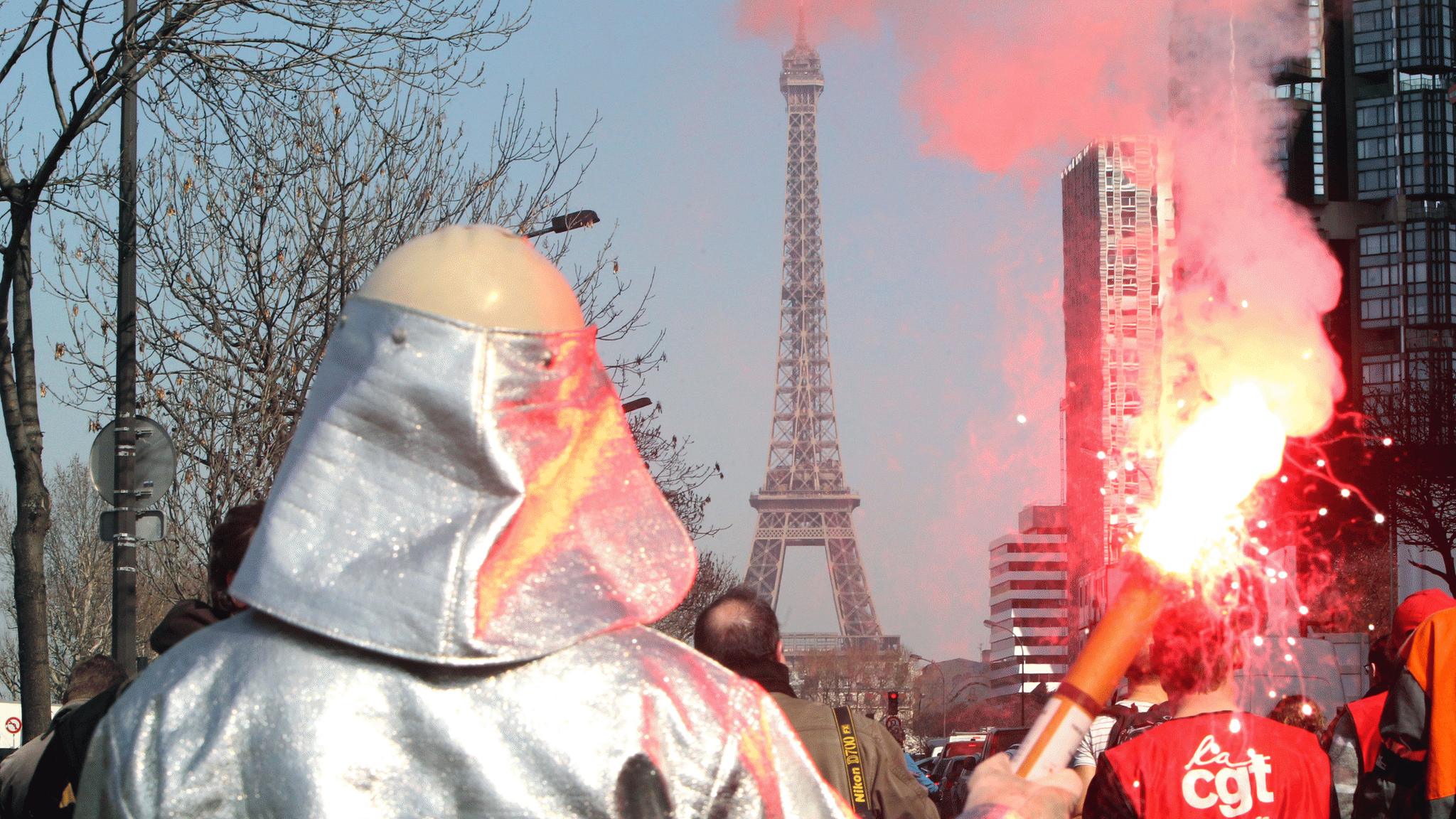 Arcelor Mittal steel-workers at a protest in Paris, 15 March