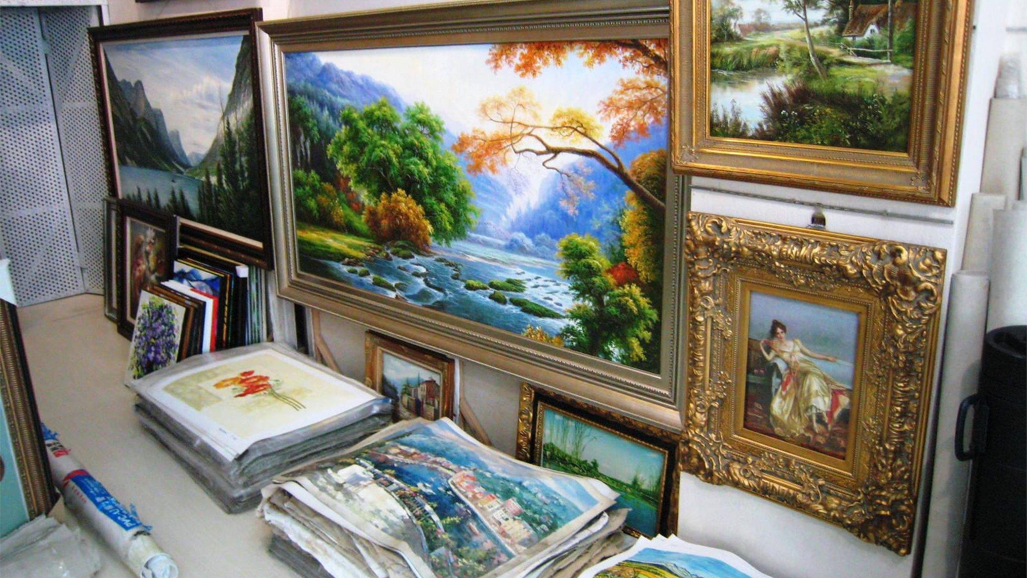 Paintings in the gallery belonging to Ye Jianghong in Dafen Art village, Shenzhen