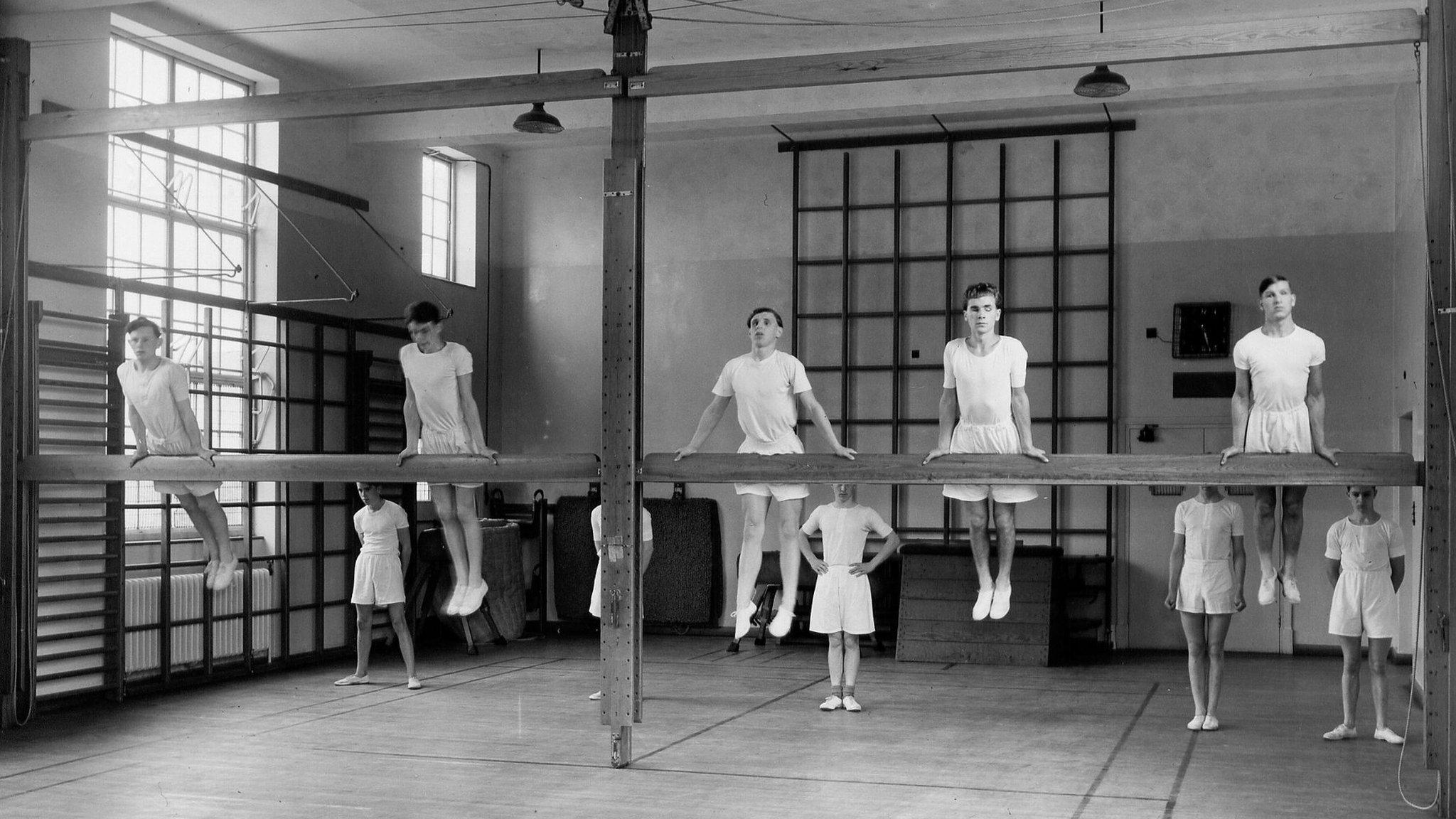 Students taking part in gym class in the 1930s