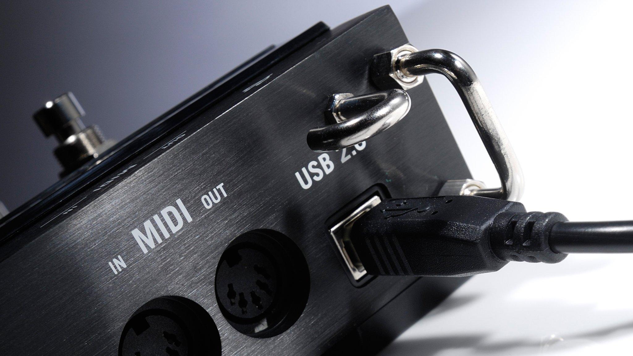 MIDI and USB sockets on a guitar pedal controller
