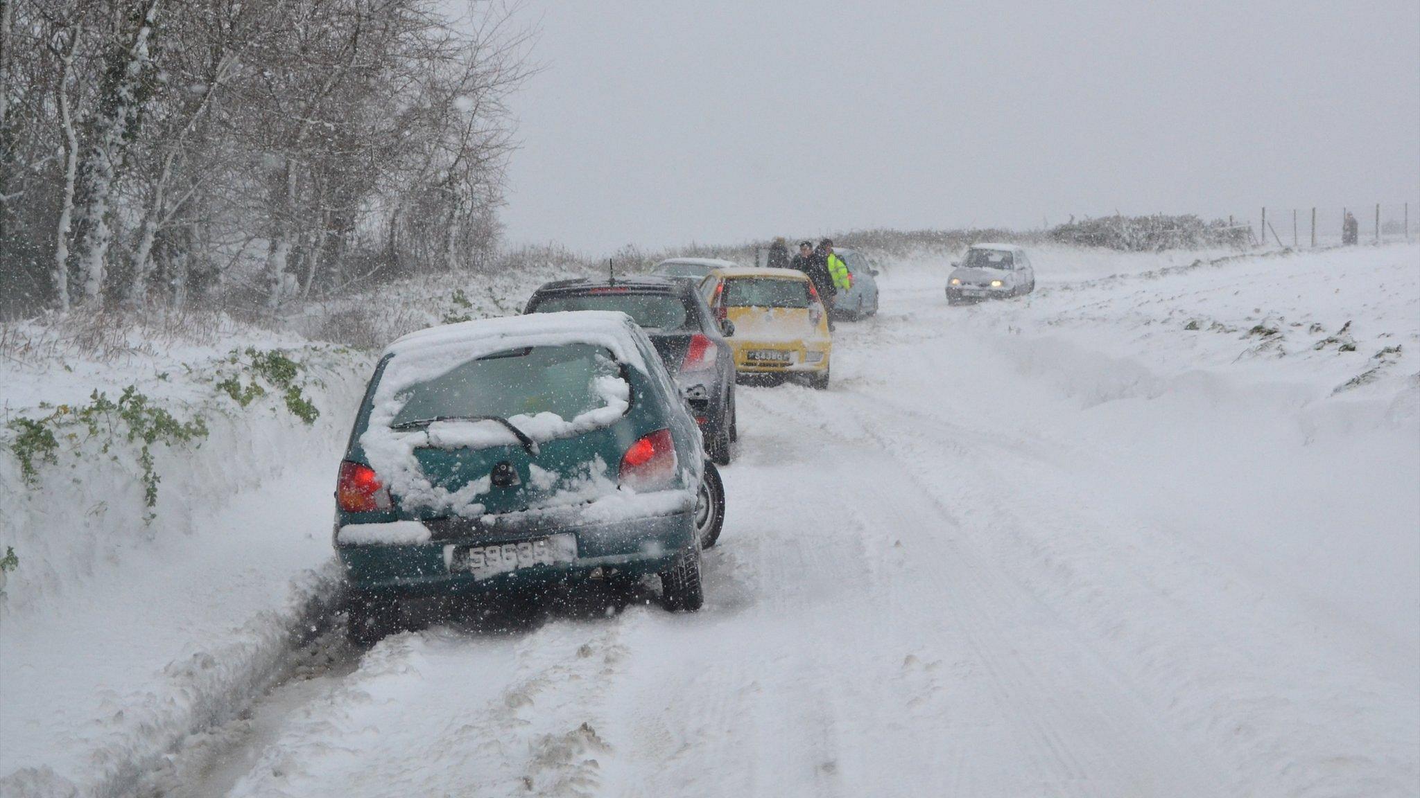 Cars in snow in Guernsey