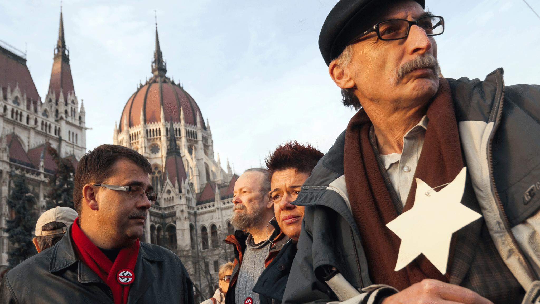 Hungarians protest against anti-Semitism in front of parliament in Budapest, 27 November