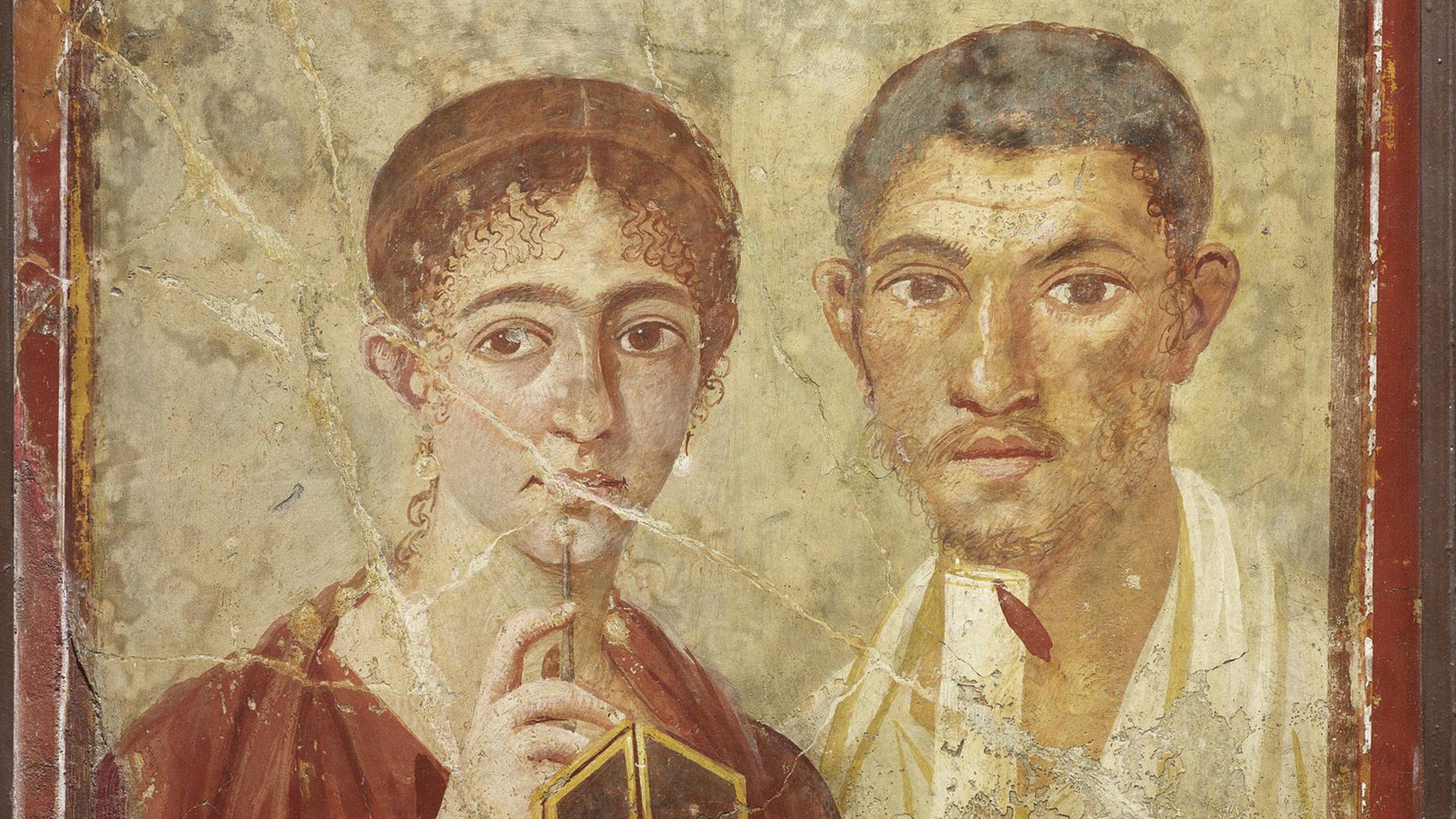 Wall painting of the baker Terentius Neo and his wife. From the House of Terentius Neo, Pompeii. 50 to 79AD. Copyright Soprintendenza Speciale per i Beni Archeologici di Napoli e Pompei / Trustees of the British Museum