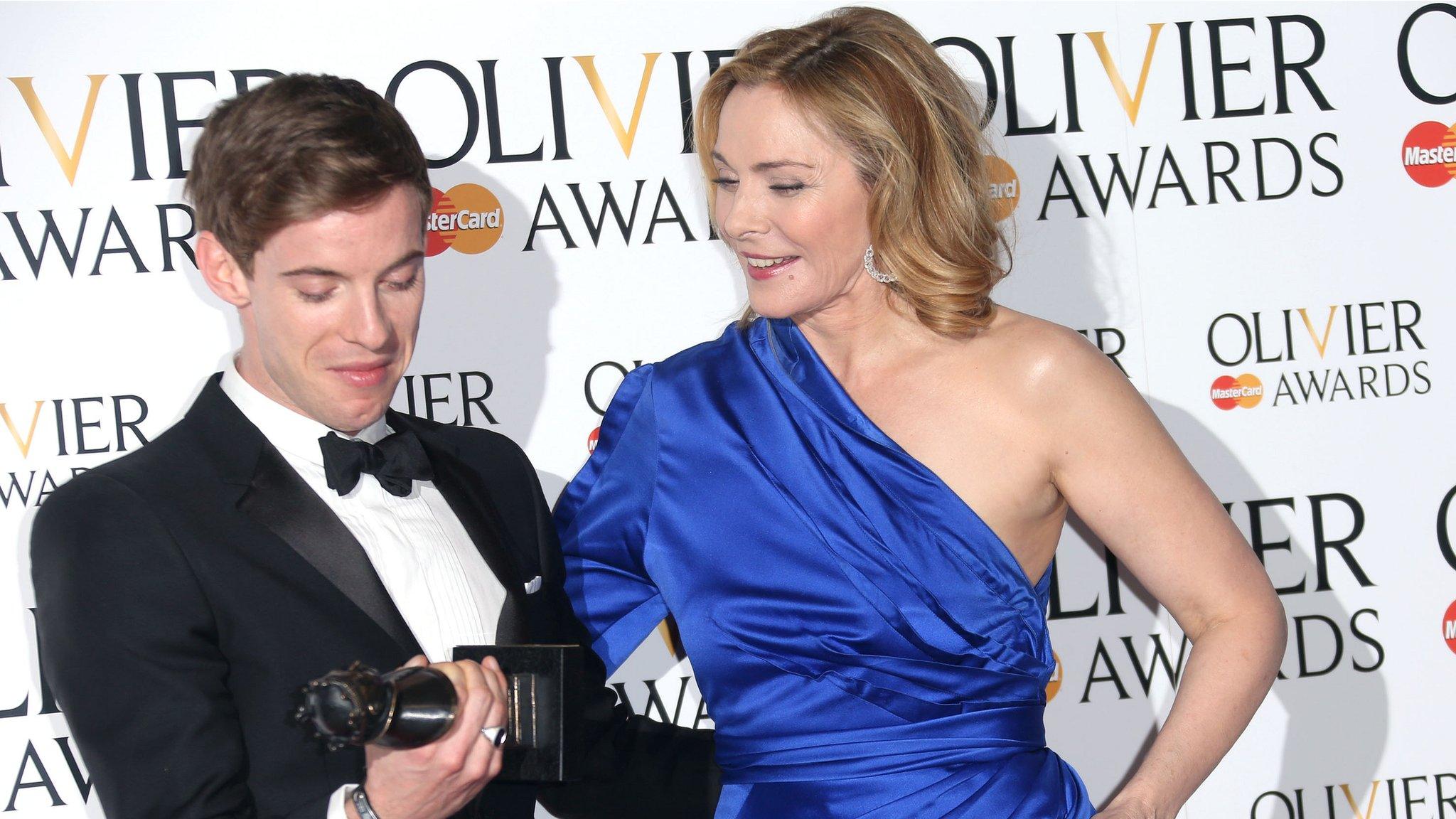 Luke Treadaway, winner of Best Actor Award for The Curious Incident of the Dog in the Night-time and Kim Cattrall in the press room at the Olivier Awards 2013