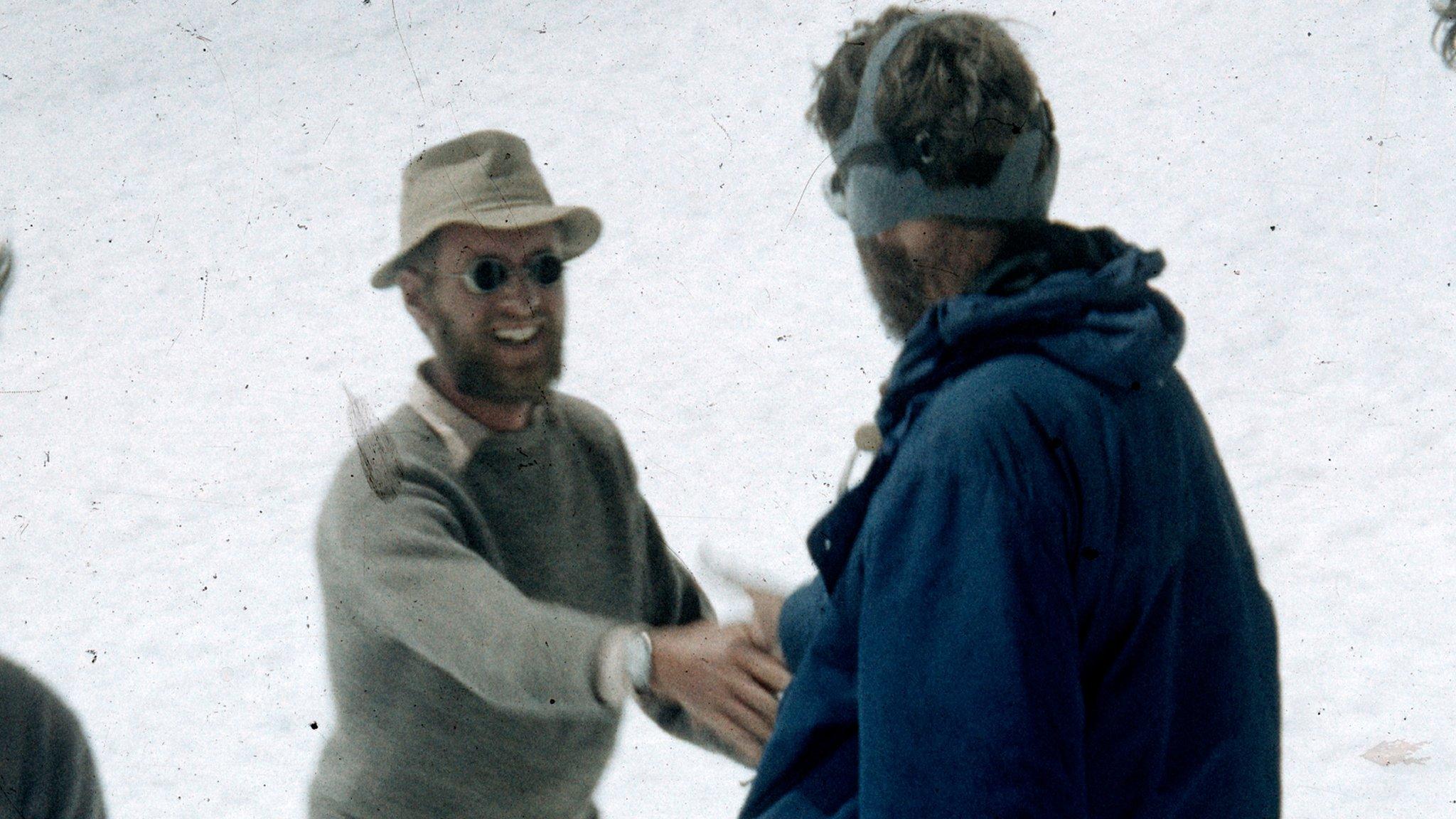 James, now Jan, Morris congratulates Edmund Hillary after the ascent in 1953