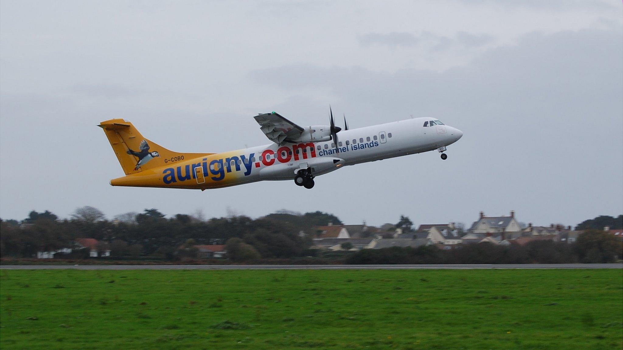 Aurigny plane taking off from Guernsey Airport