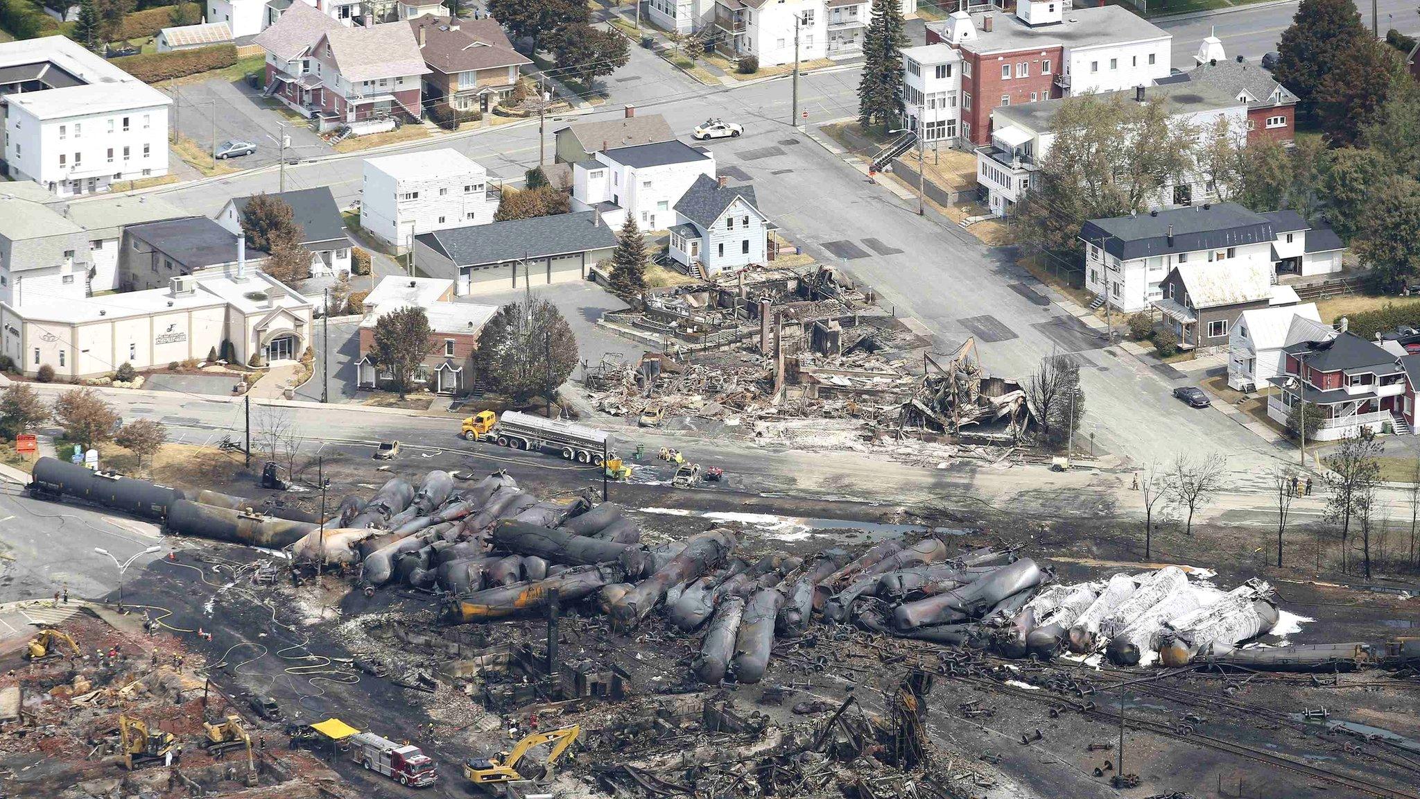 The remains of a burnt train in Lac-Megantic on 8 July 2013