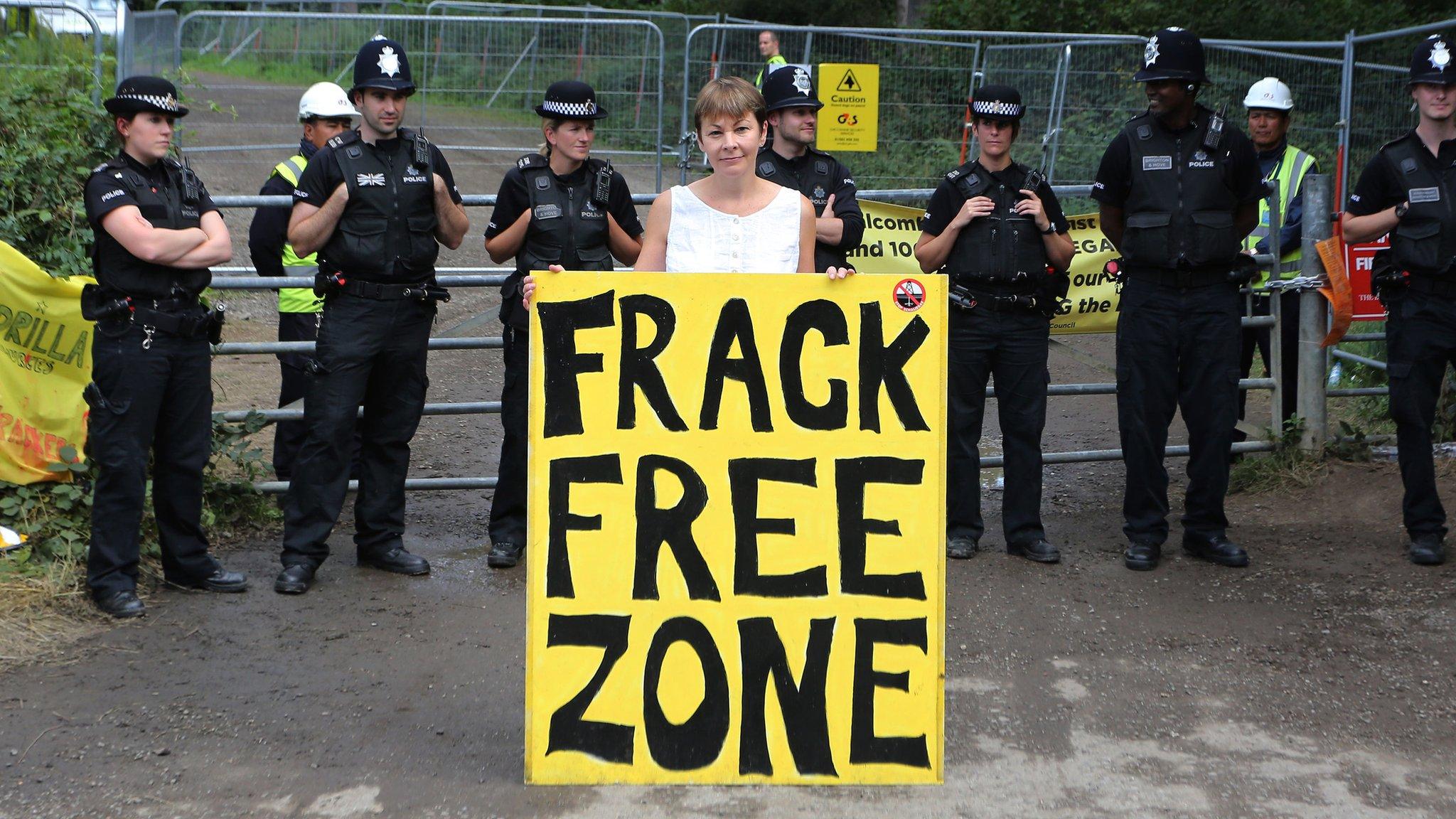 Caroline Lucas outside Cuadrilla's oil drilling site in Balcombe