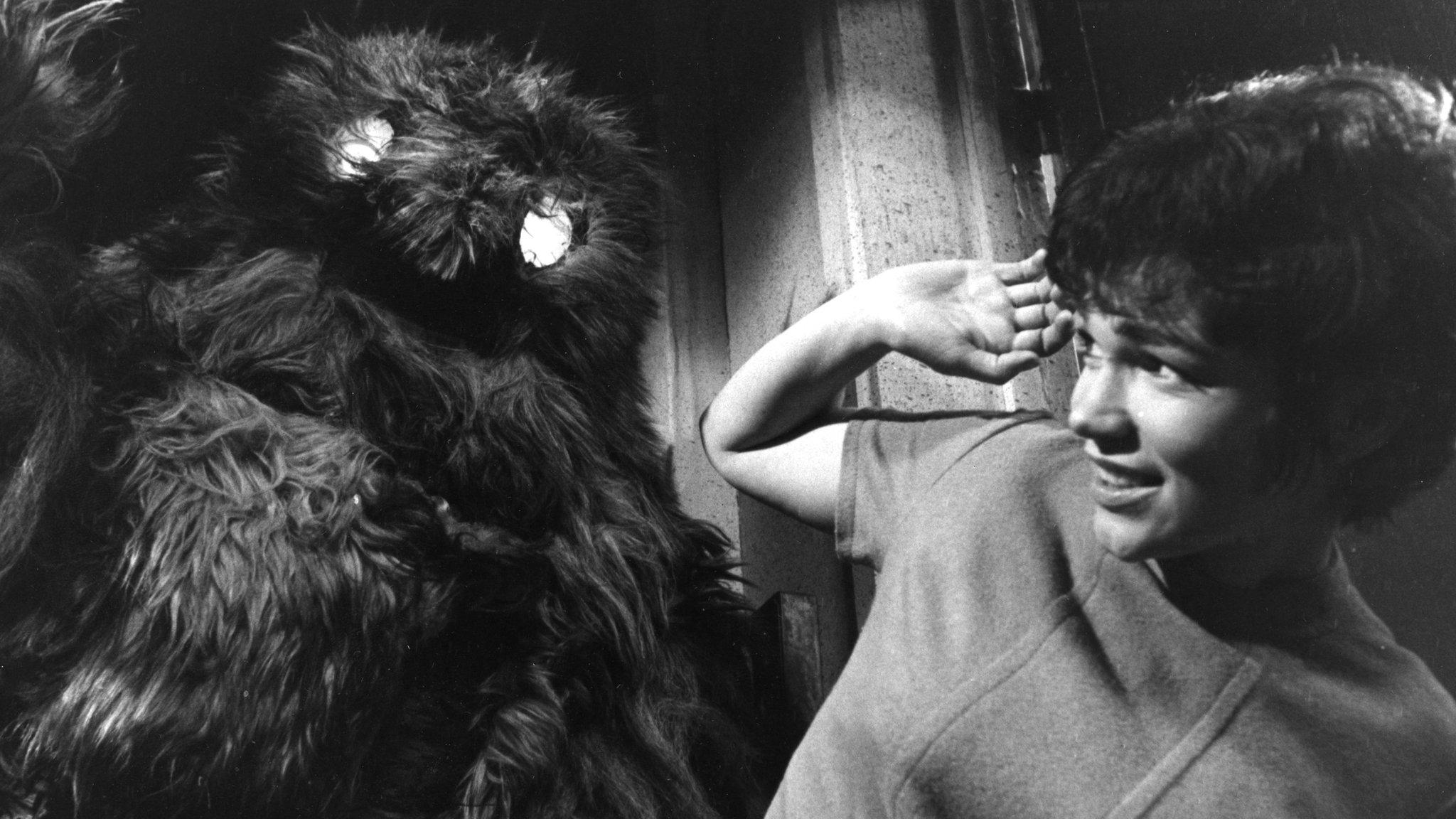 A scene from The Web of Fear: Tina Packer as Ann being attacked by a Yeti (BBC 1968)