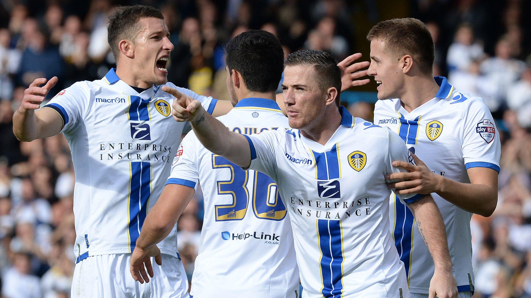 Leeds celebrate during the victory over Birmingham at Elland Road