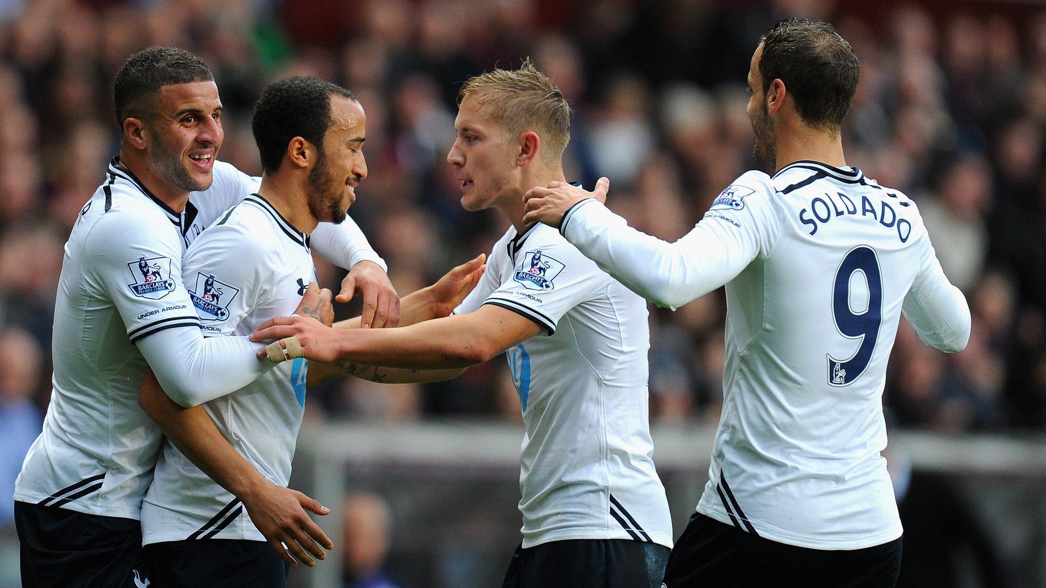 Andros Townsend (second left) is congratulated by Tottenham team-mates after his goal at Aston Villa