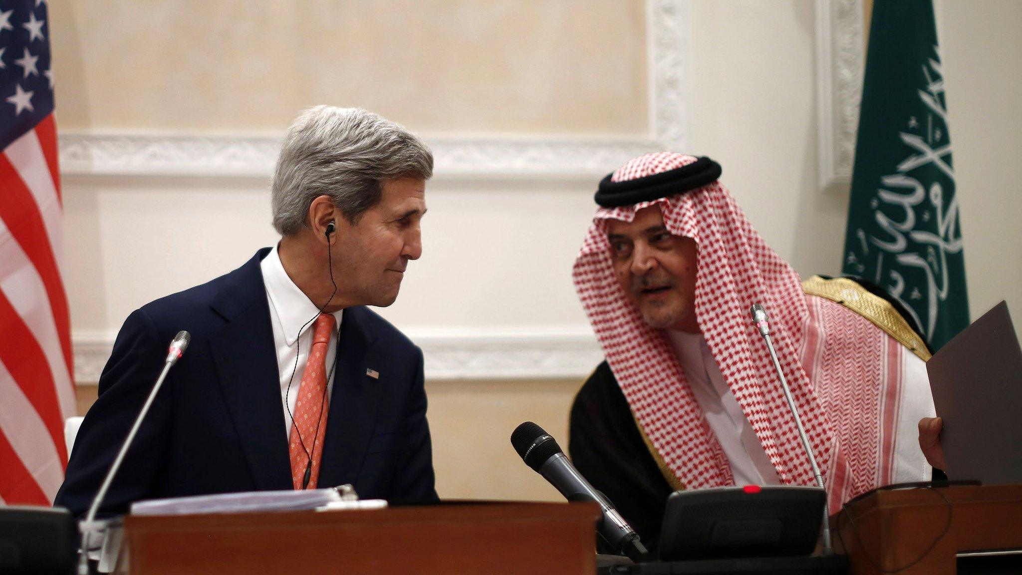 U.S. Secretary of State John Kerry participates in a joint press conference with Saudi Arabia's Foreign Minister Saud in Riyadh (4 Nov 2013)