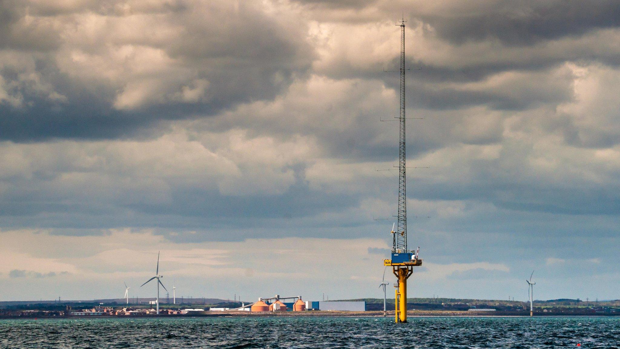 Image taken from location of the 99MW offshore demonstration wind site looking towards Blyth, Northumberland with Narec’s offshore anemometry platform in the foreground