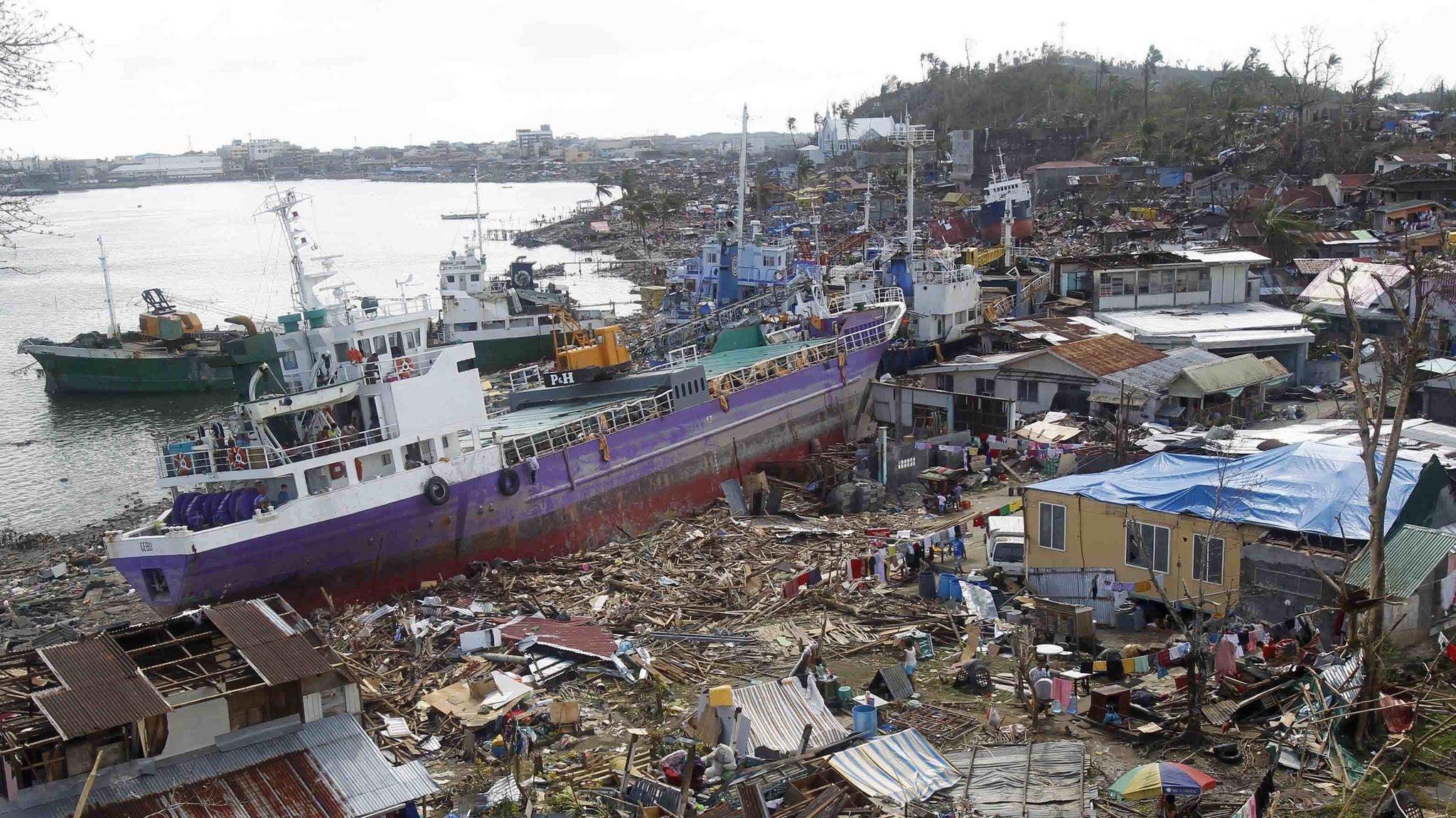 Ships washed ashore in Anibong, near Tacloban