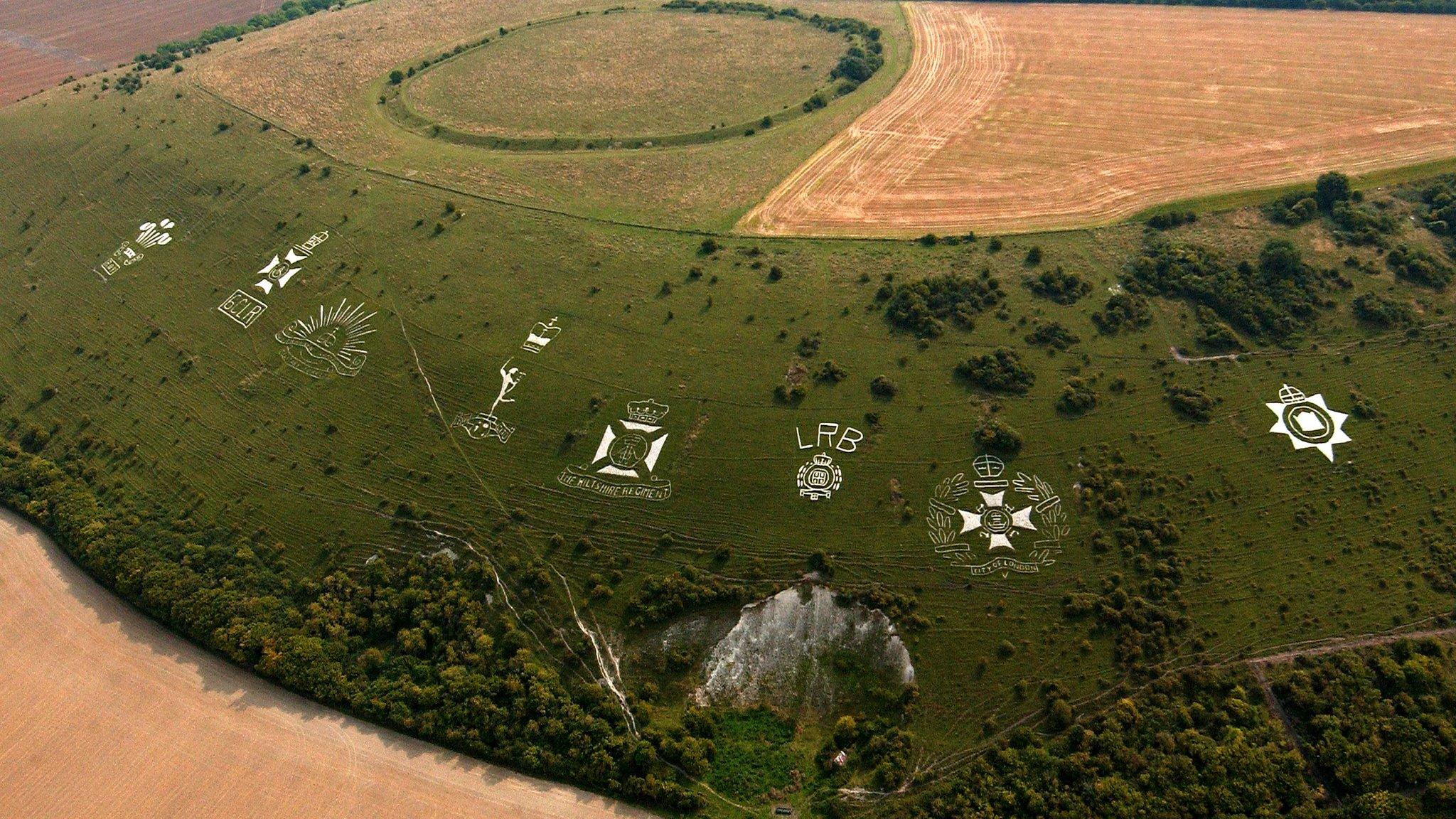 Badges carved on a hill at Fovant, Wilshire by soldiers during WW1