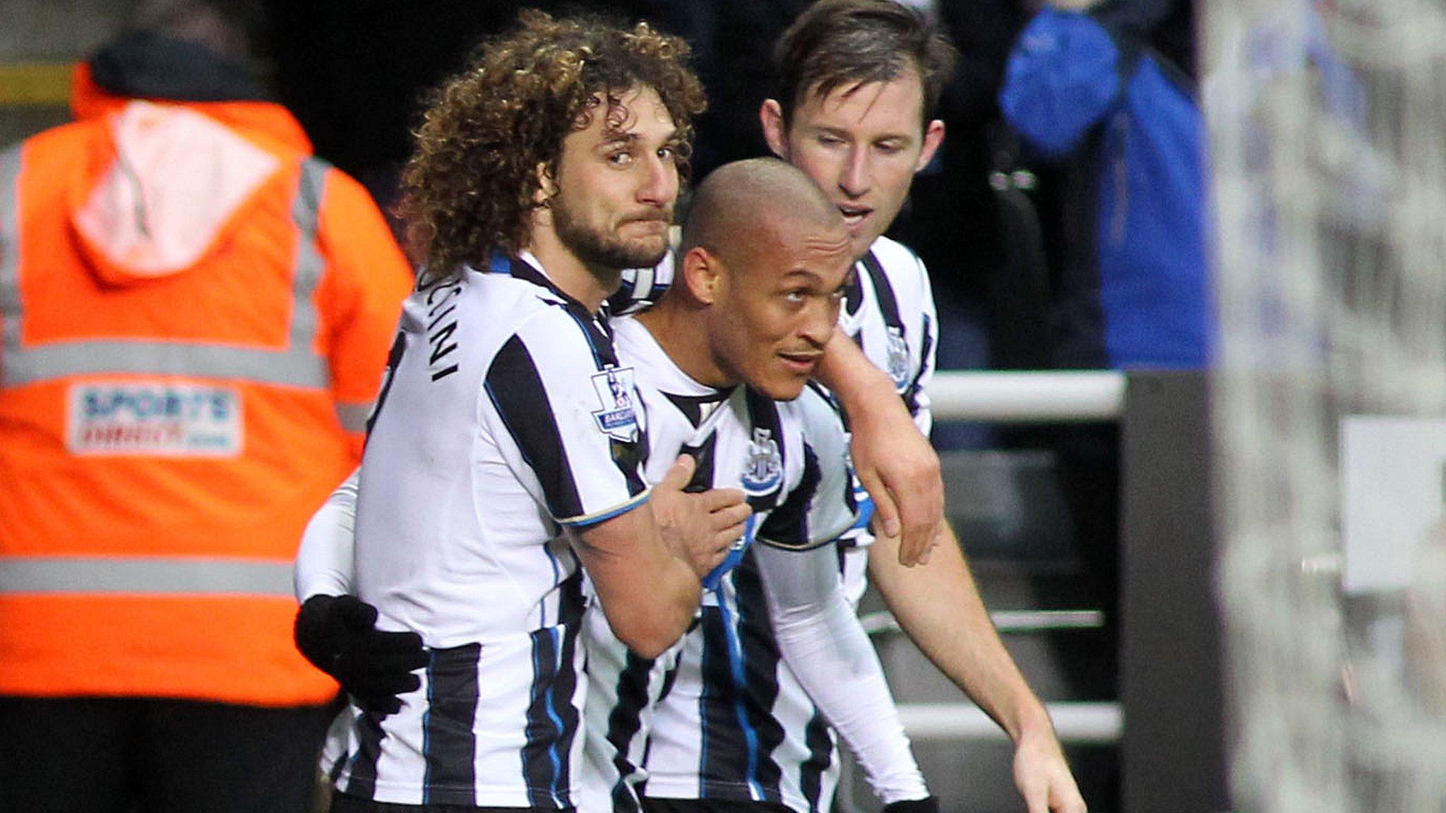 Yoan Gouffran (centre) is congratulated by team-mates Fabricio Coloccini (left) and Mike Williamson after his goal against Norwich