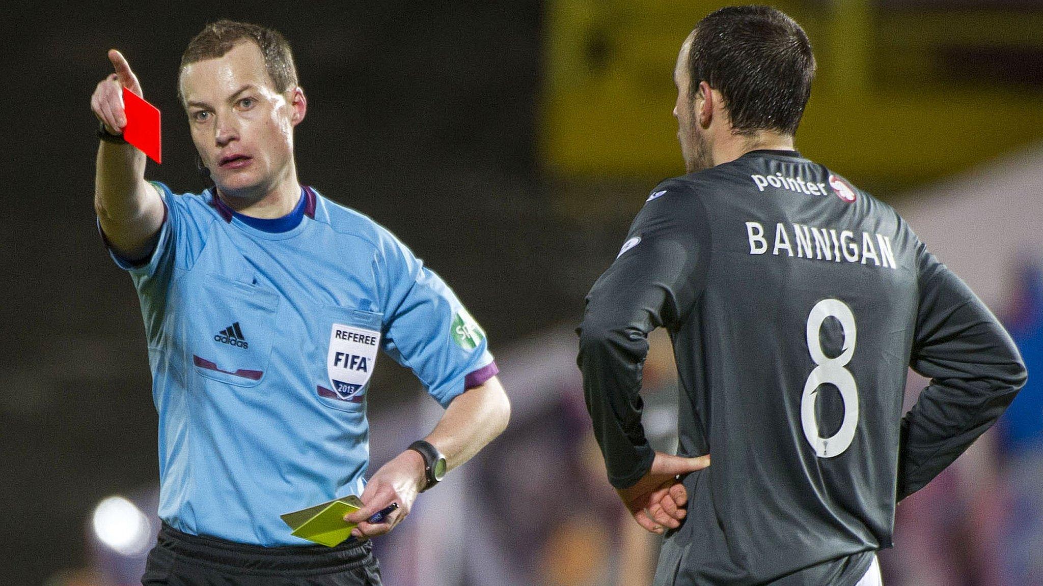 Referee Willie Collum shows a red card to Partick Thistle's Stuart Bannigan