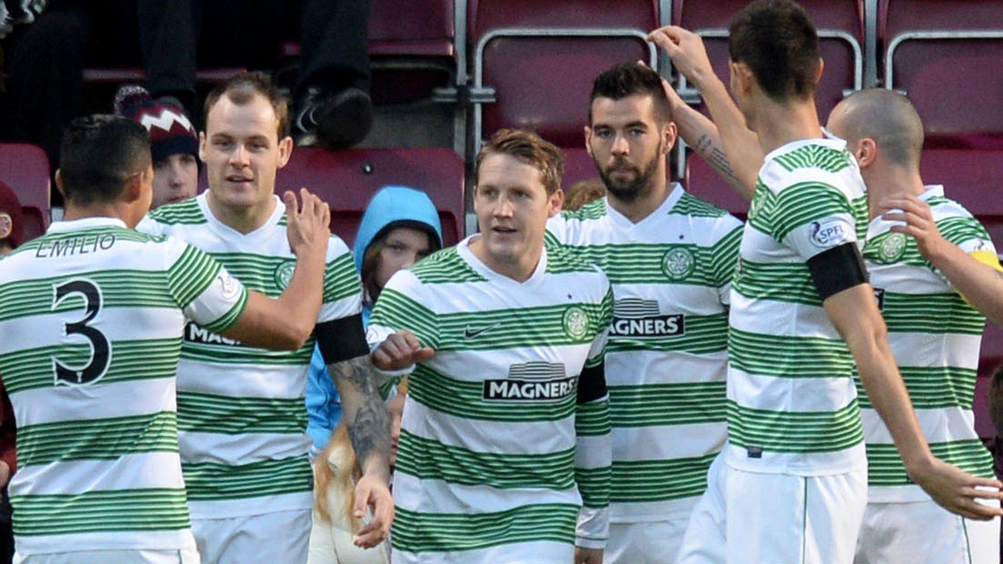 Celtic celebrate going 1-0 up through Kris Commons