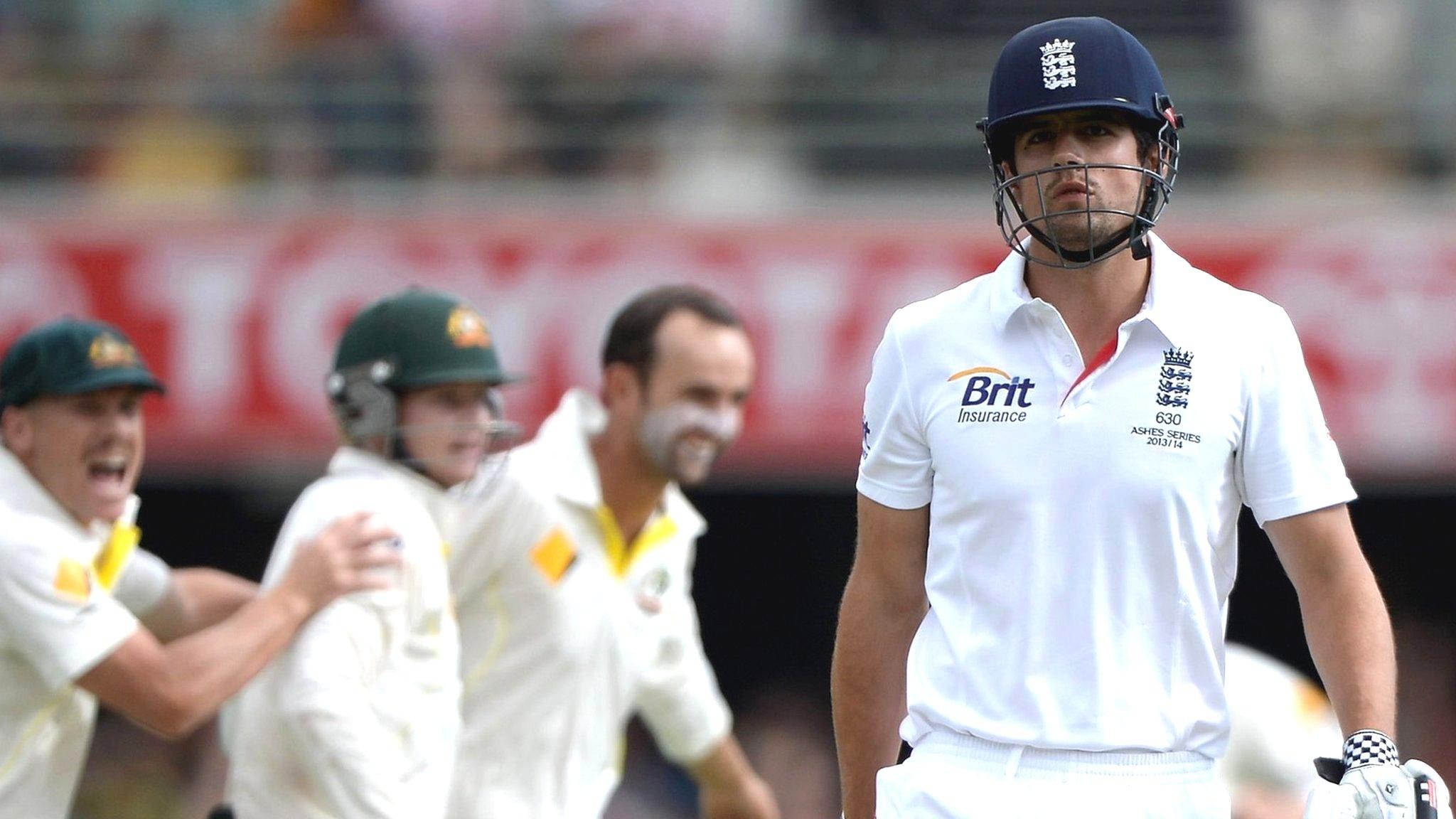 England captain Alastair Cook leaves the field after being dismissed by Australia's Nathan Lyon